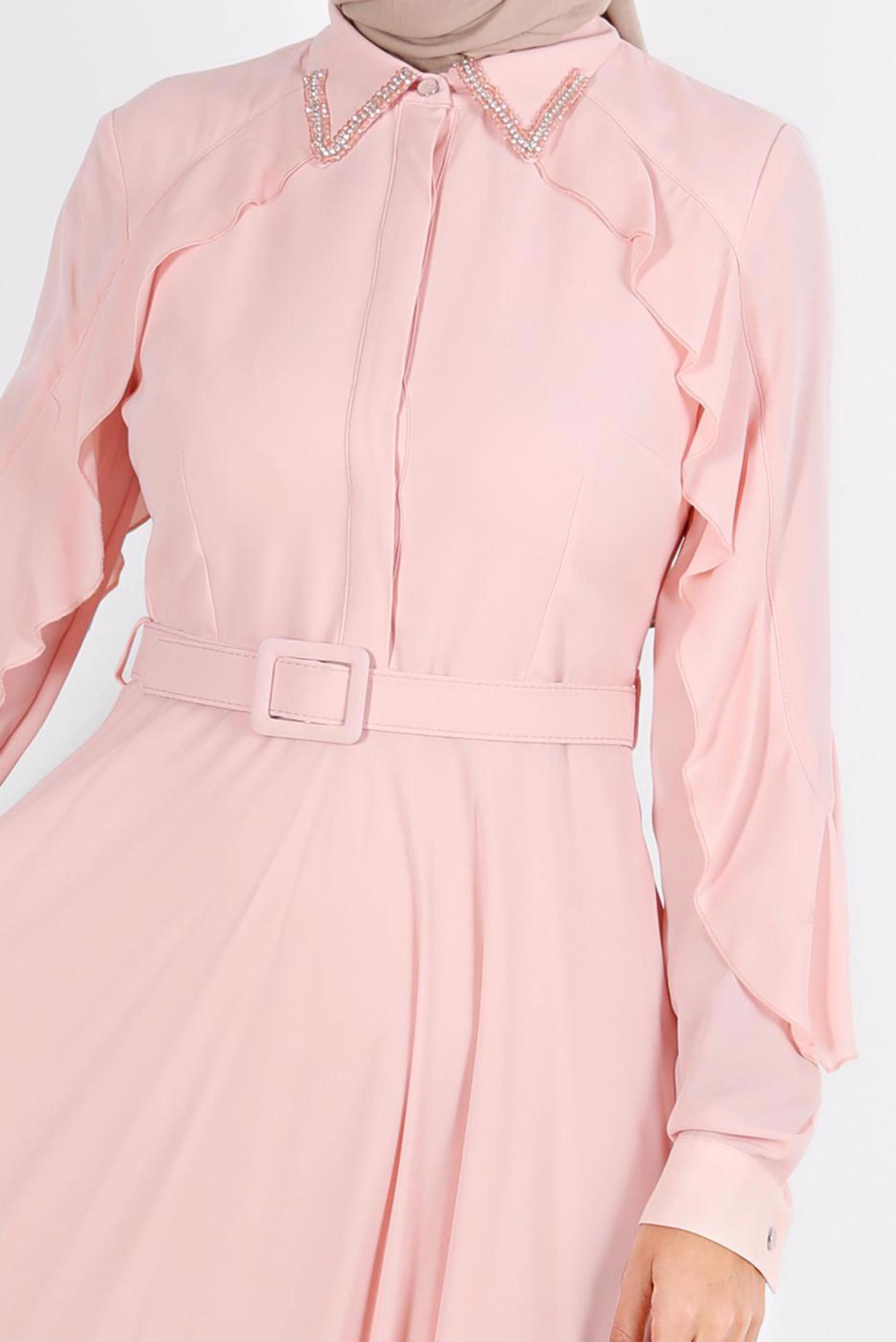 Tesettür giyim PUDRA YAKASI BONCUK İŞLEMELİ ELBİSE 40649