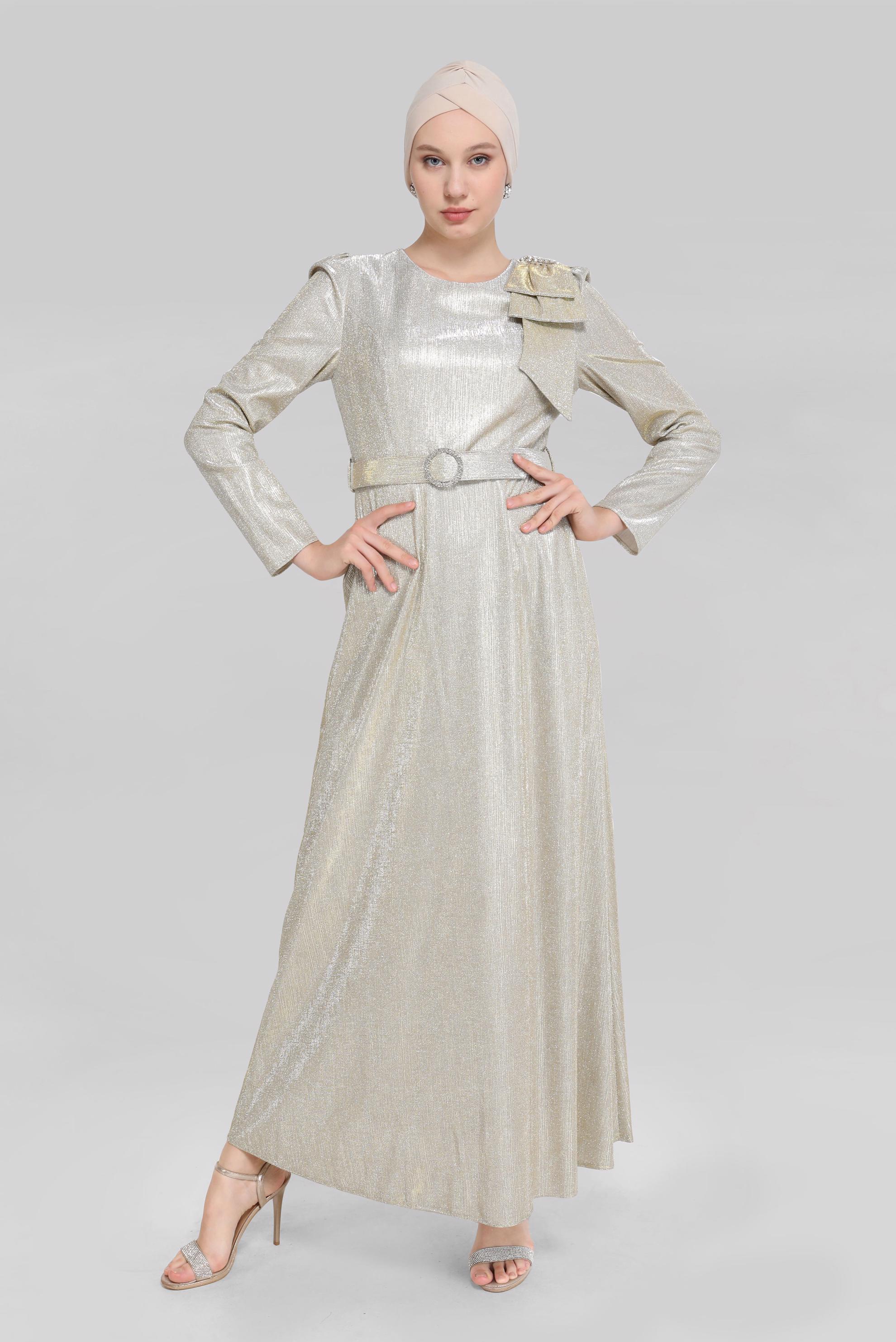 Tesettür giyim ALTIN TAŞ DETAYLI SİMLİ ABİYE ELBİSE 40769 