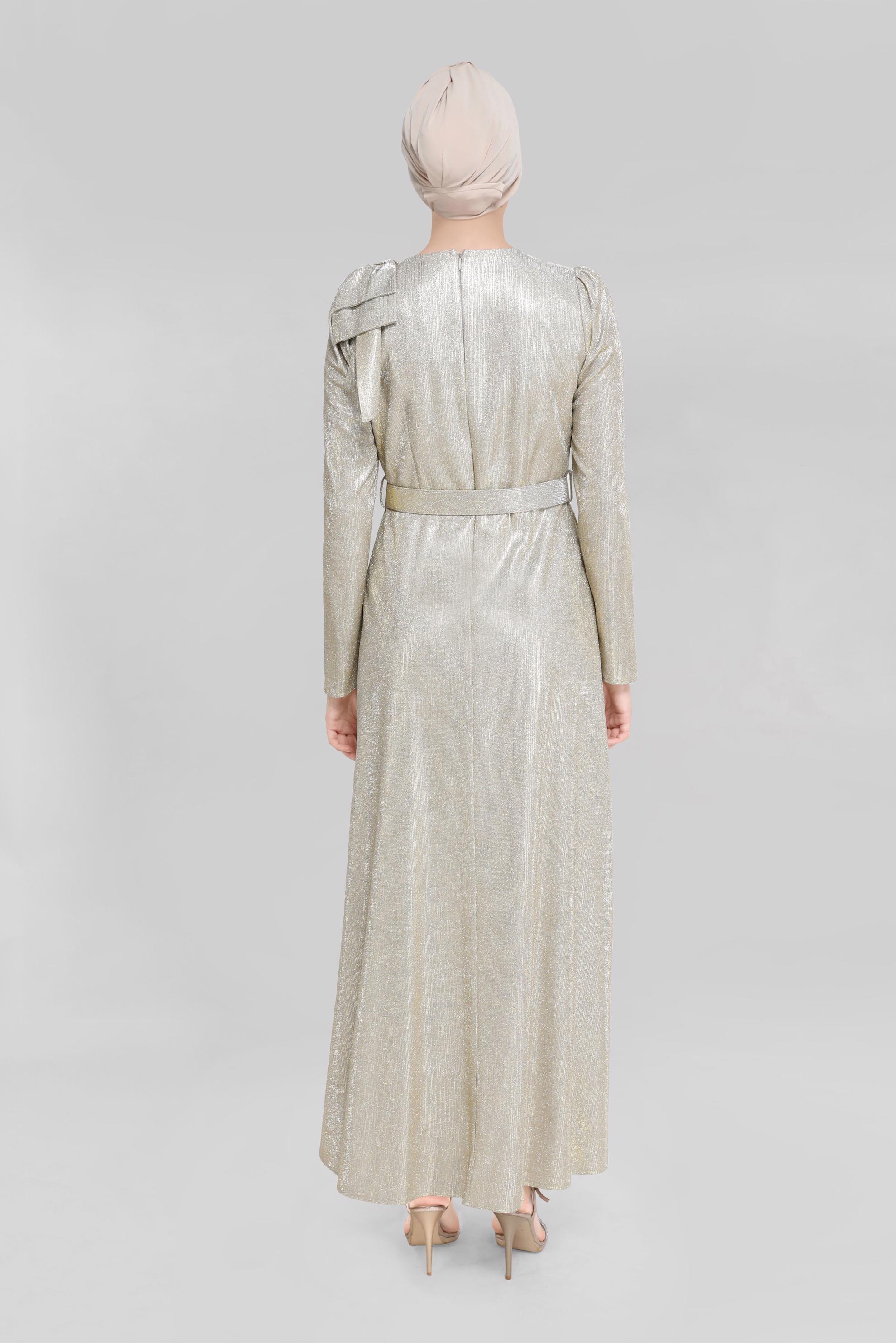 Tesettür giyim ALTIN TAŞ DETAYLI SİMLİ ABİYE ELBİSE 40769 