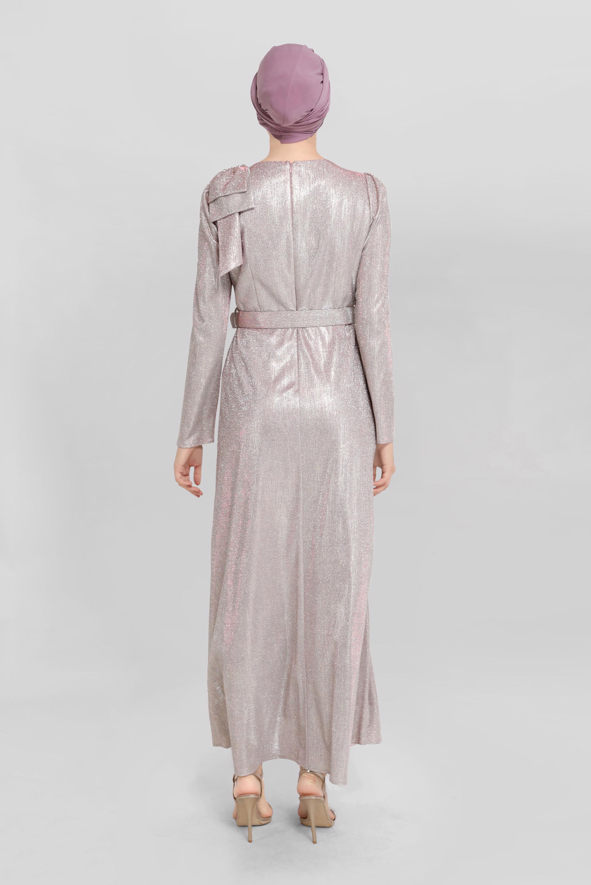 Tesettür giyim PUDRA TAŞ DETAYLI SİMLİ ABİYE ELBİSE 40769 