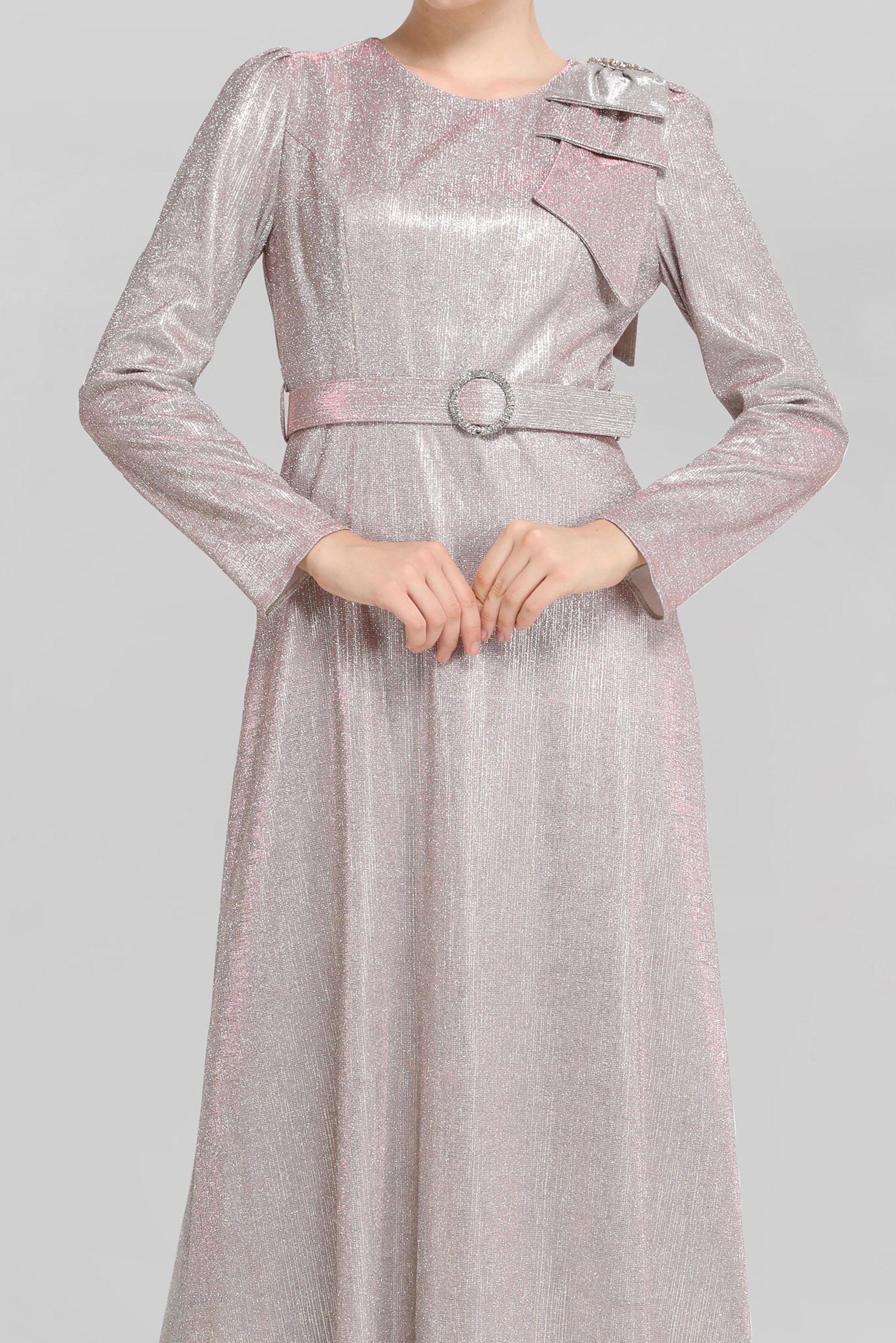 Tesettür giyim PUDRA TAŞ DETAYLI SİMLİ ABİYE ELBİSE 40769 