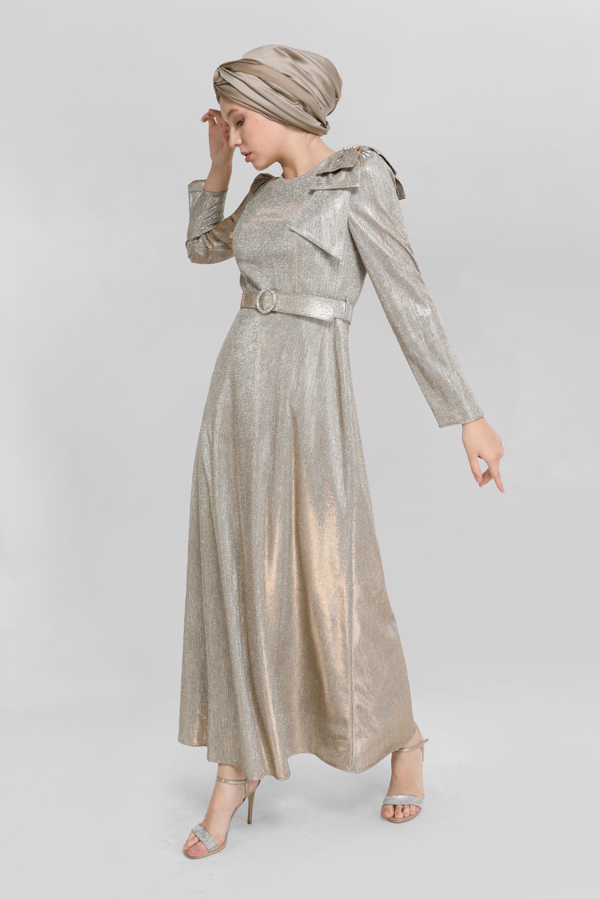 Tesettür giyim VİZON TAŞ DETAYLI SİMLİ ABİYE ELBİSE 40769 