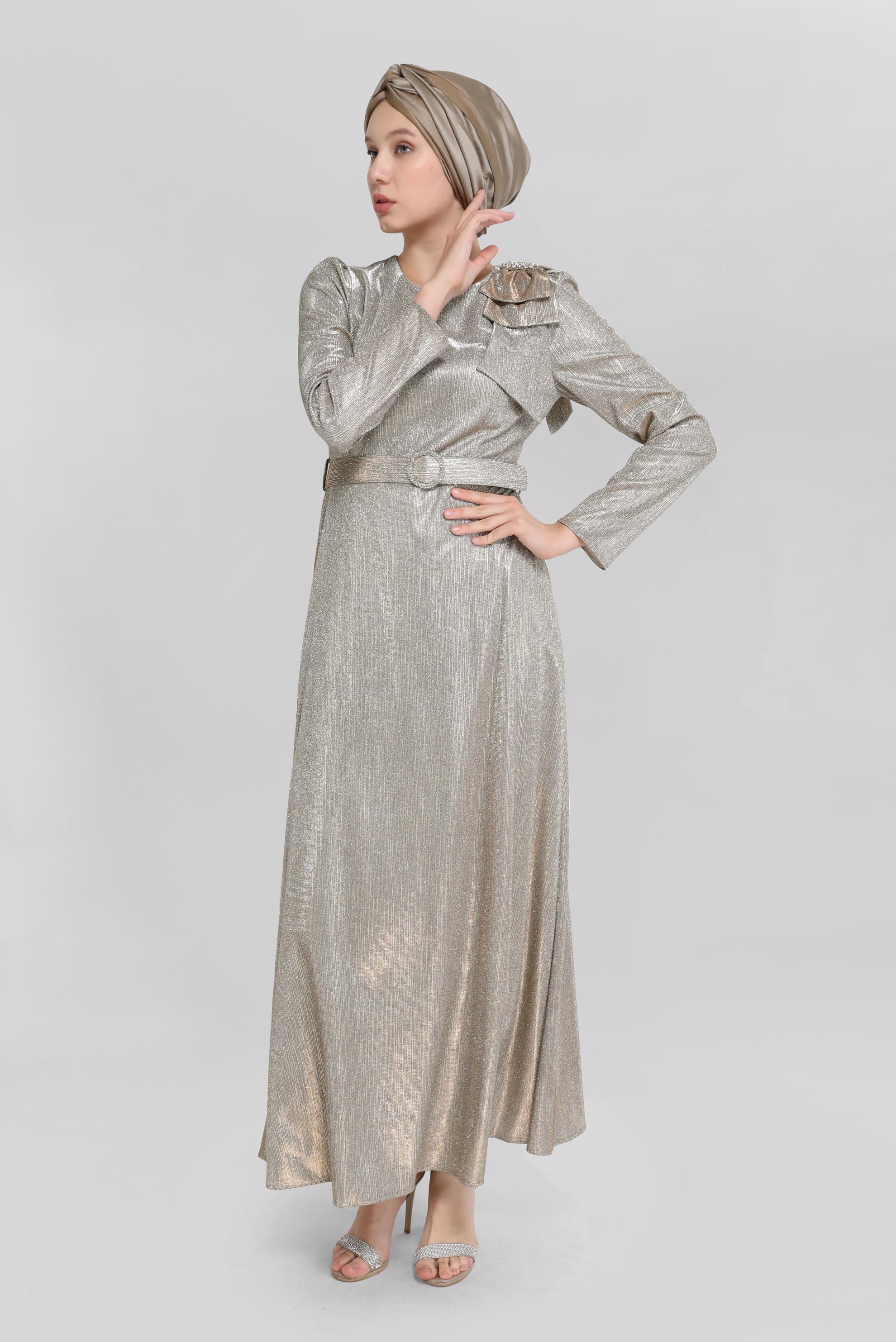 Tesettür giyim VİZON TAŞ DETAYLI SİMLİ ABİYE ELBİSE 40769 