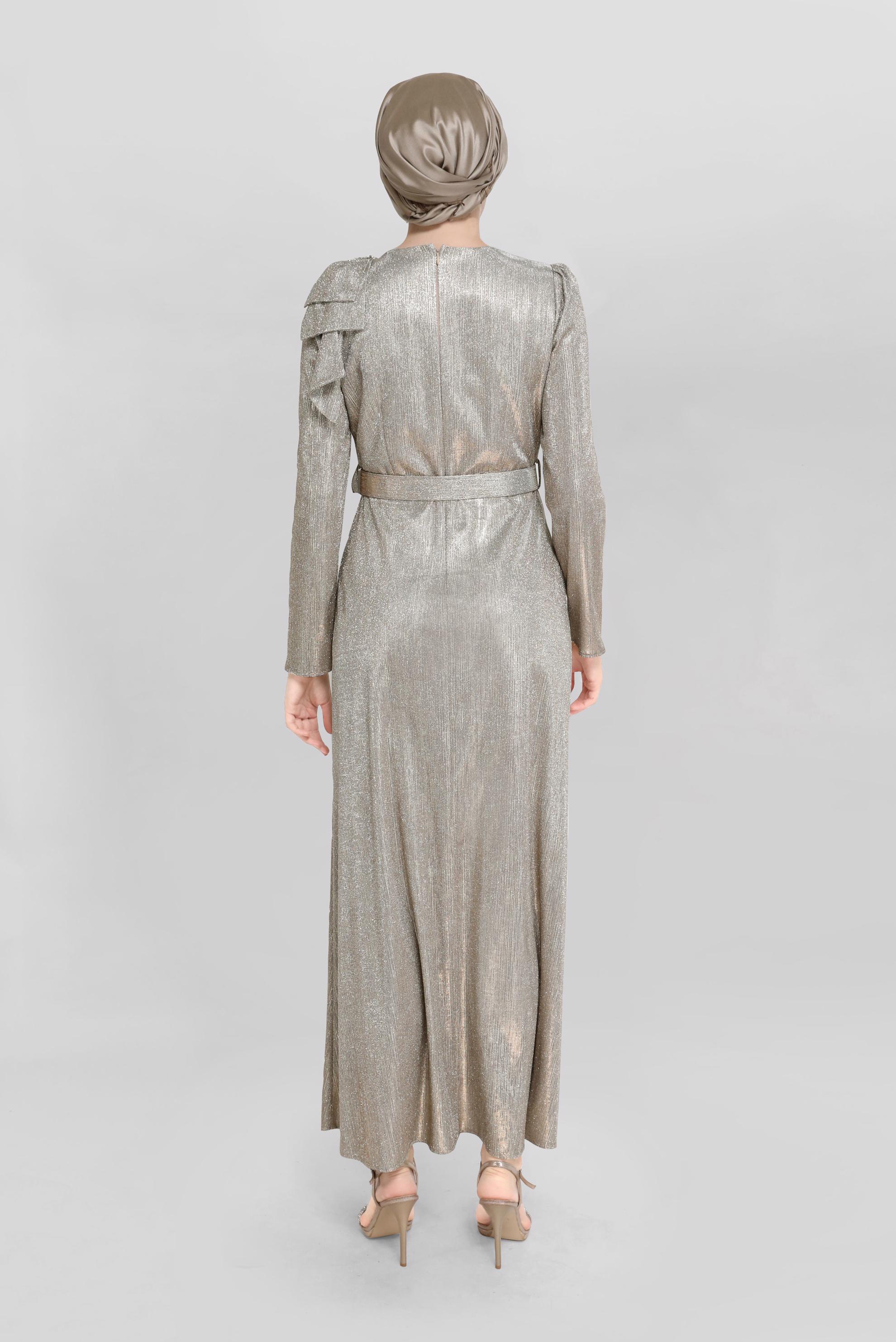 Tesettür giyim VİZON TAŞ DETAYLI SİMLİ ABİYE ELBİSE 40769 