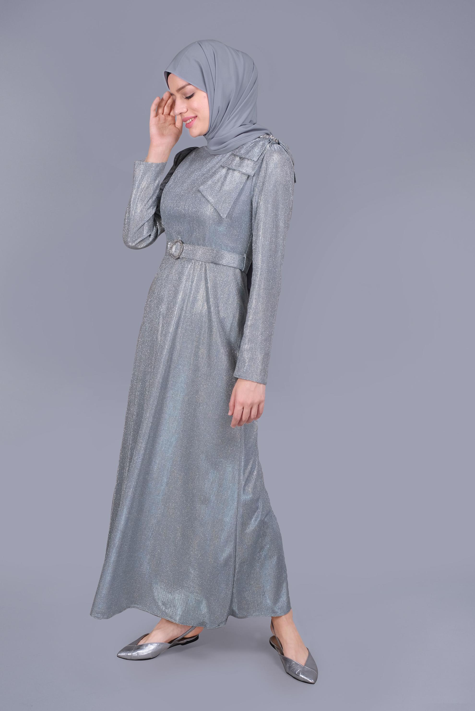 Tesettür giyim MAVİ TAŞ DETAYLI SİMLİ ABİYE ELBİSE 40769 