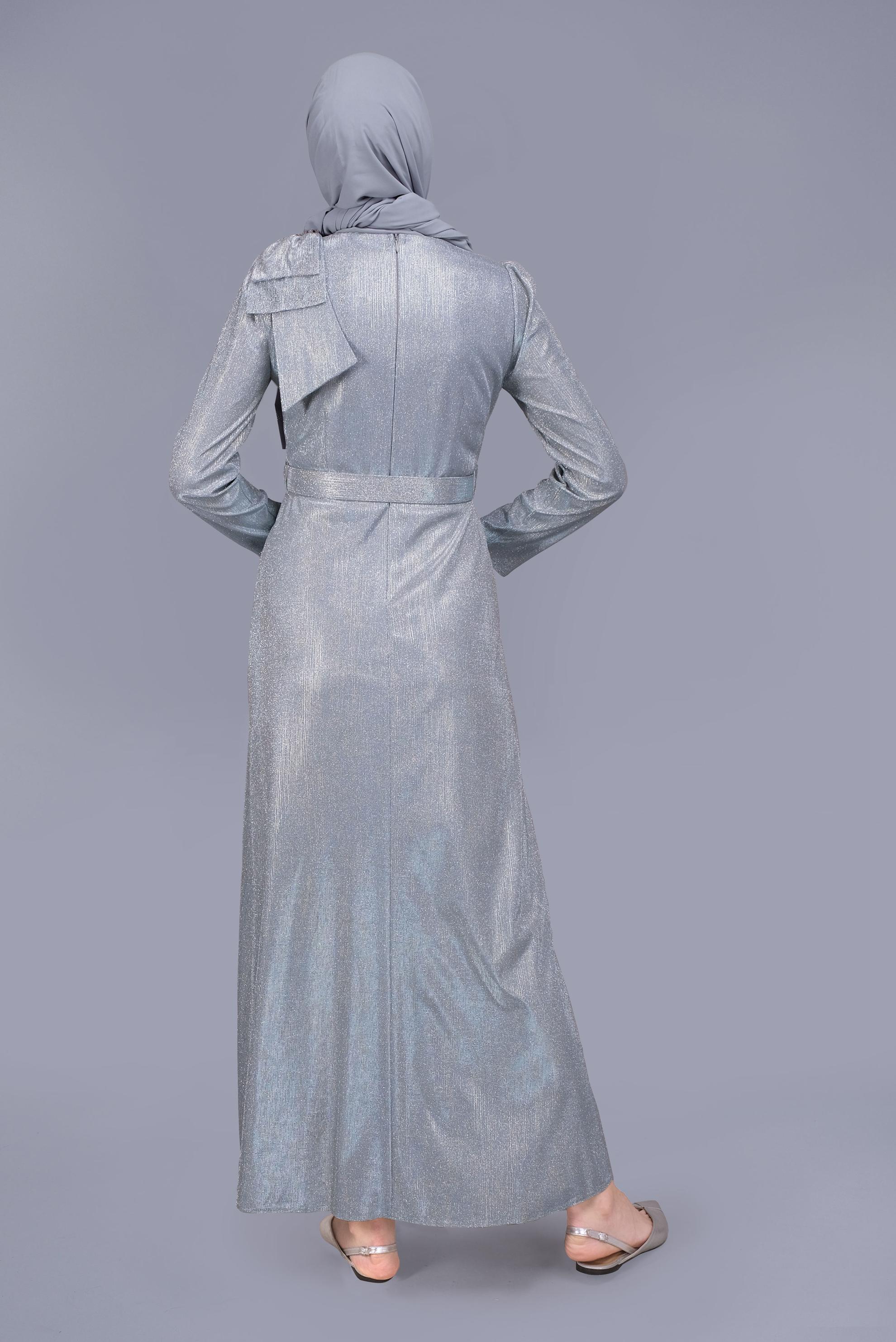 Tesettür giyim MAVİ TAŞ DETAYLI SİMLİ ABİYE ELBİSE 40769 