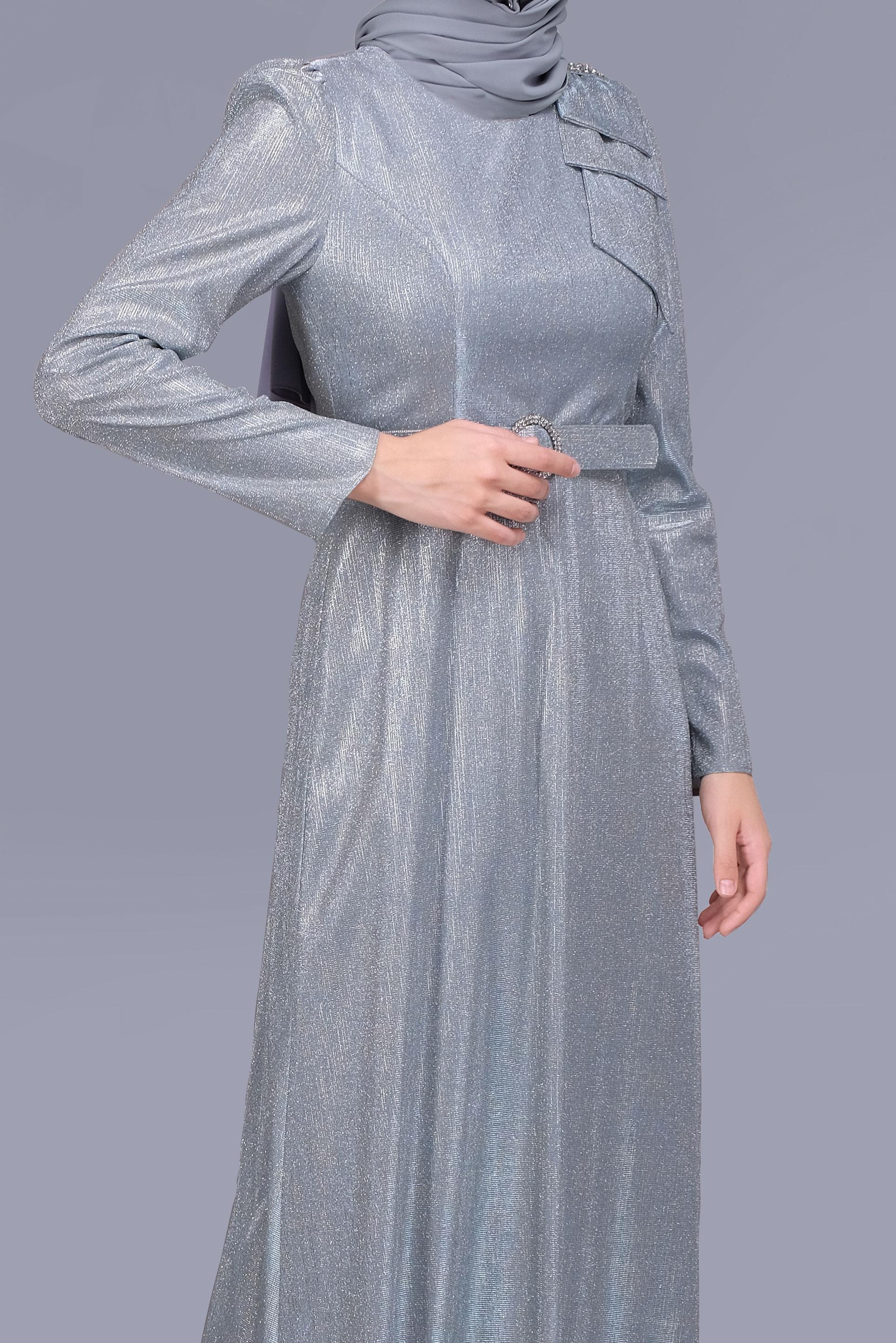 Tesettür giyim MAVİ TAŞ DETAYLI SİMLİ ABİYE ELBİSE 40769 