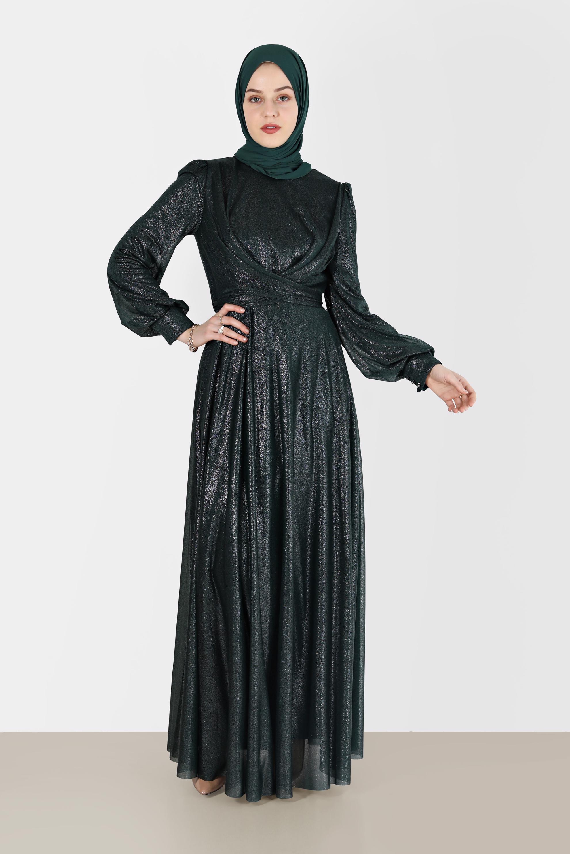 Tesettür giyim YEŞİL BİSİKLET YAKA ELBİSE 40770