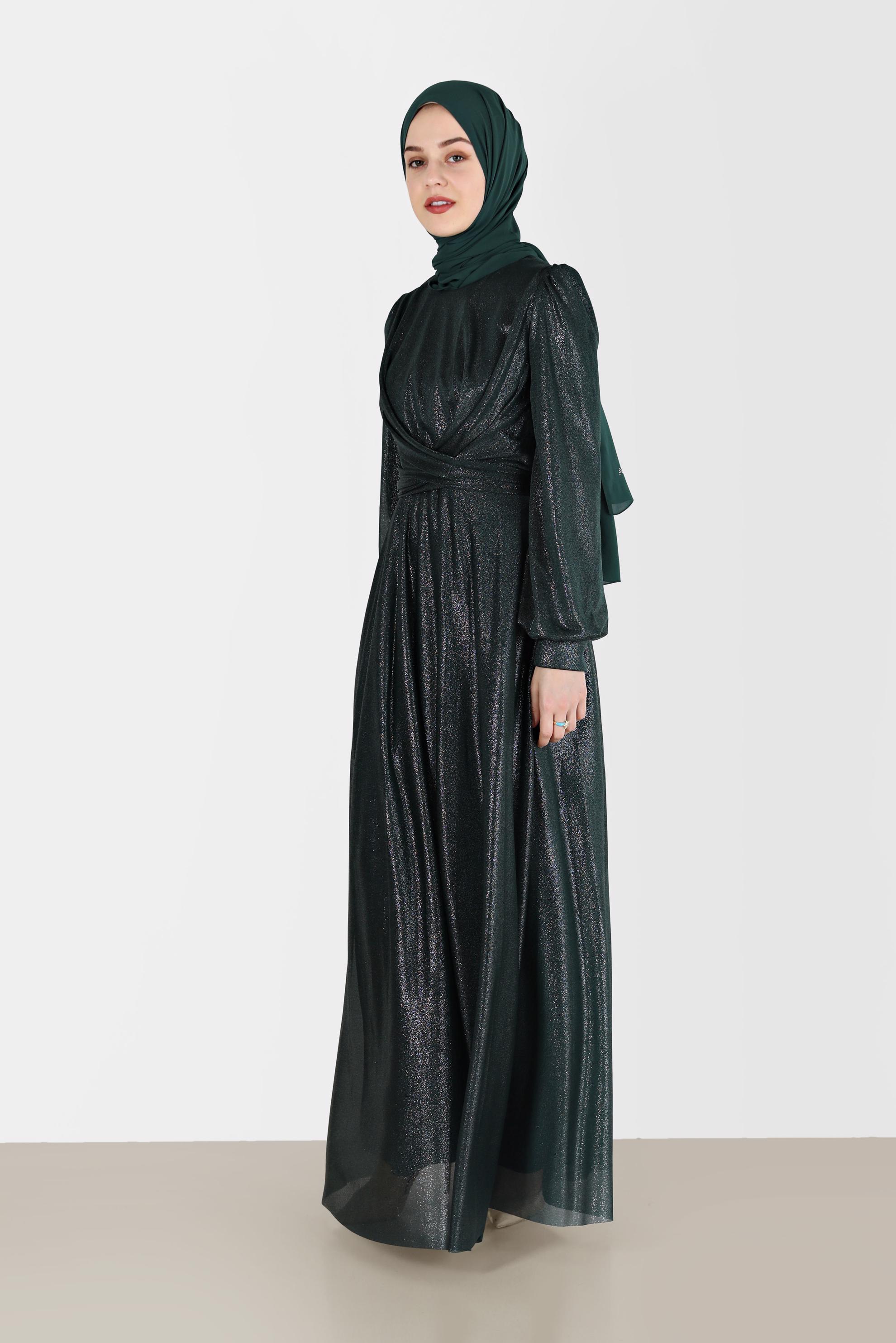 Tesettür giyim YEŞİL BİSİKLET YAKA ELBİSE 40770