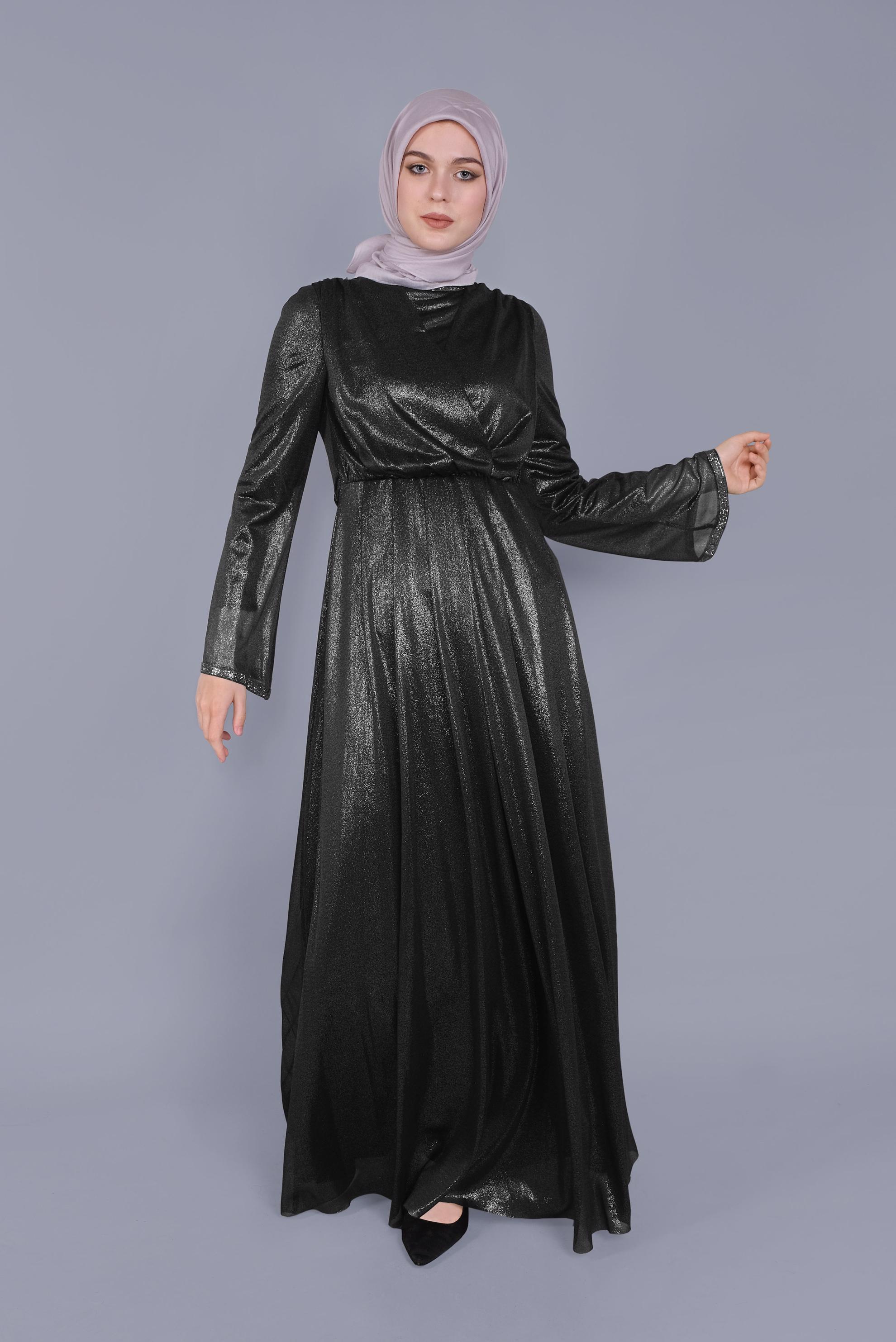 Tesettür giyim SİYAH KUŞAKLI TAŞ BASKILI FOİL ELBİSE 40771