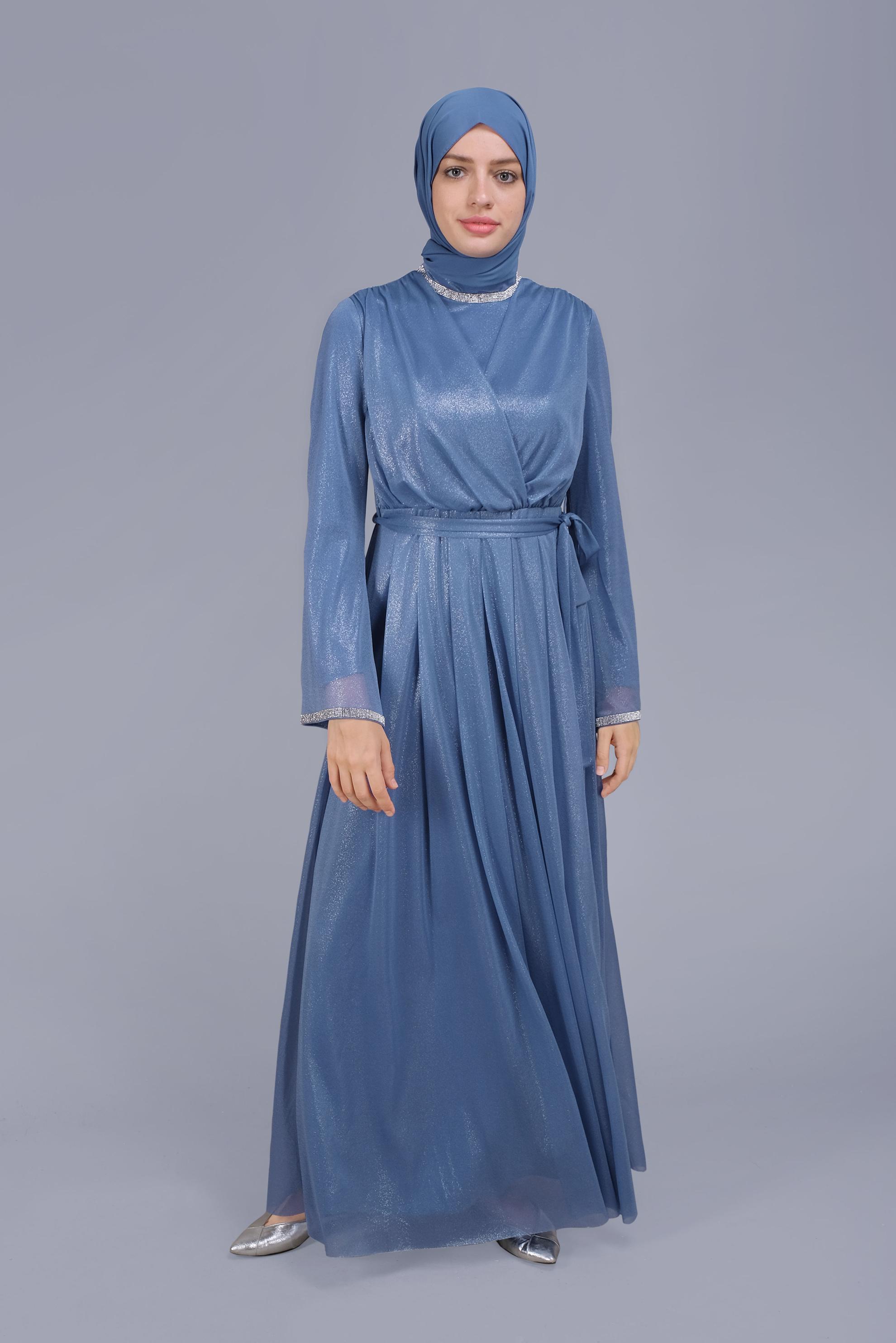 Tesettür giyim MAVİ KUŞAKLI TAŞ BASKILI FOİL ELBİSE 40771