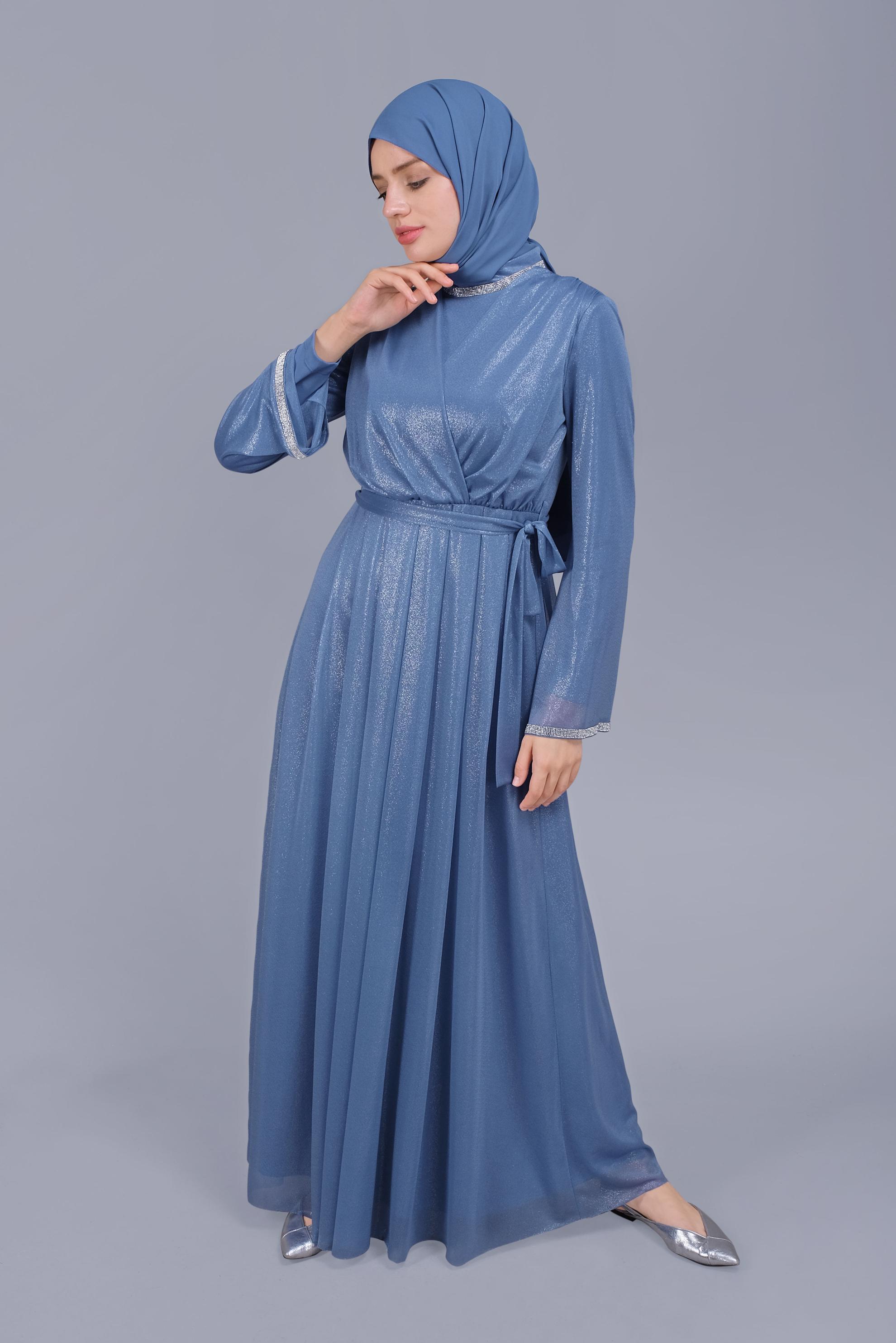 Tesettür giyim MAVİ KUŞAKLI TAŞ BASKILI FOİL ELBİSE 40771