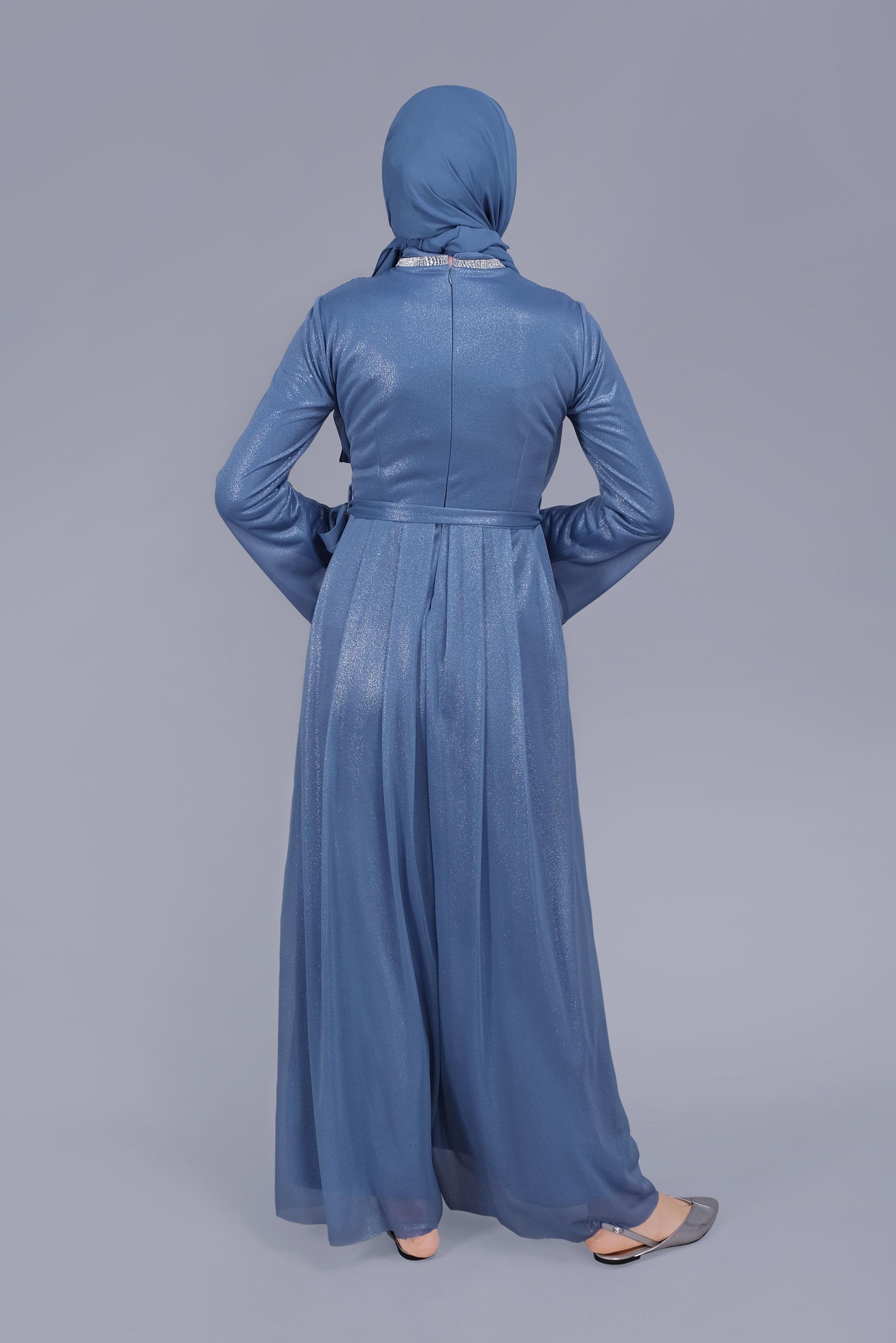 Tesettür giyim MAVİ KUŞAKLI TAŞ BASKILI FOİL ELBİSE 40771