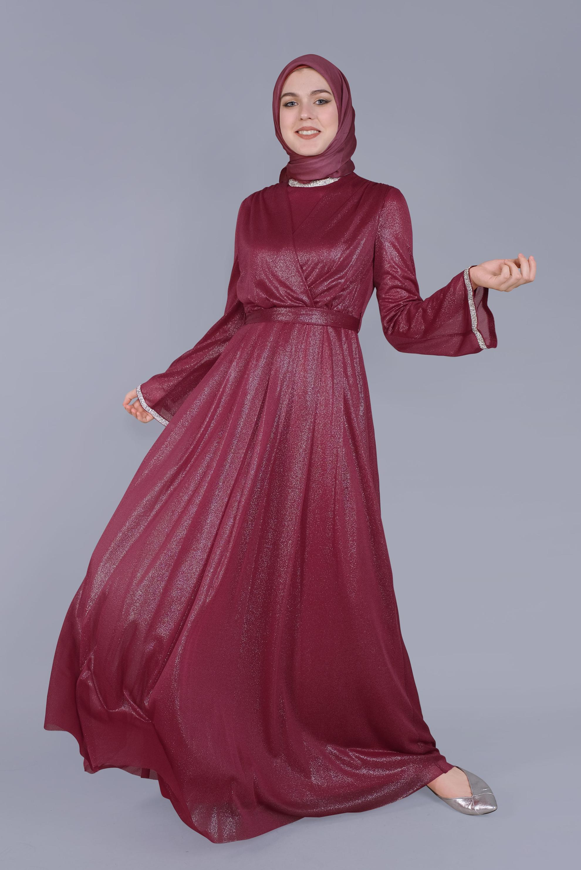 Tesettür giyim KIRMIZI KUŞAKLI TAŞ BASKILI FOİL ELBİSE 40771