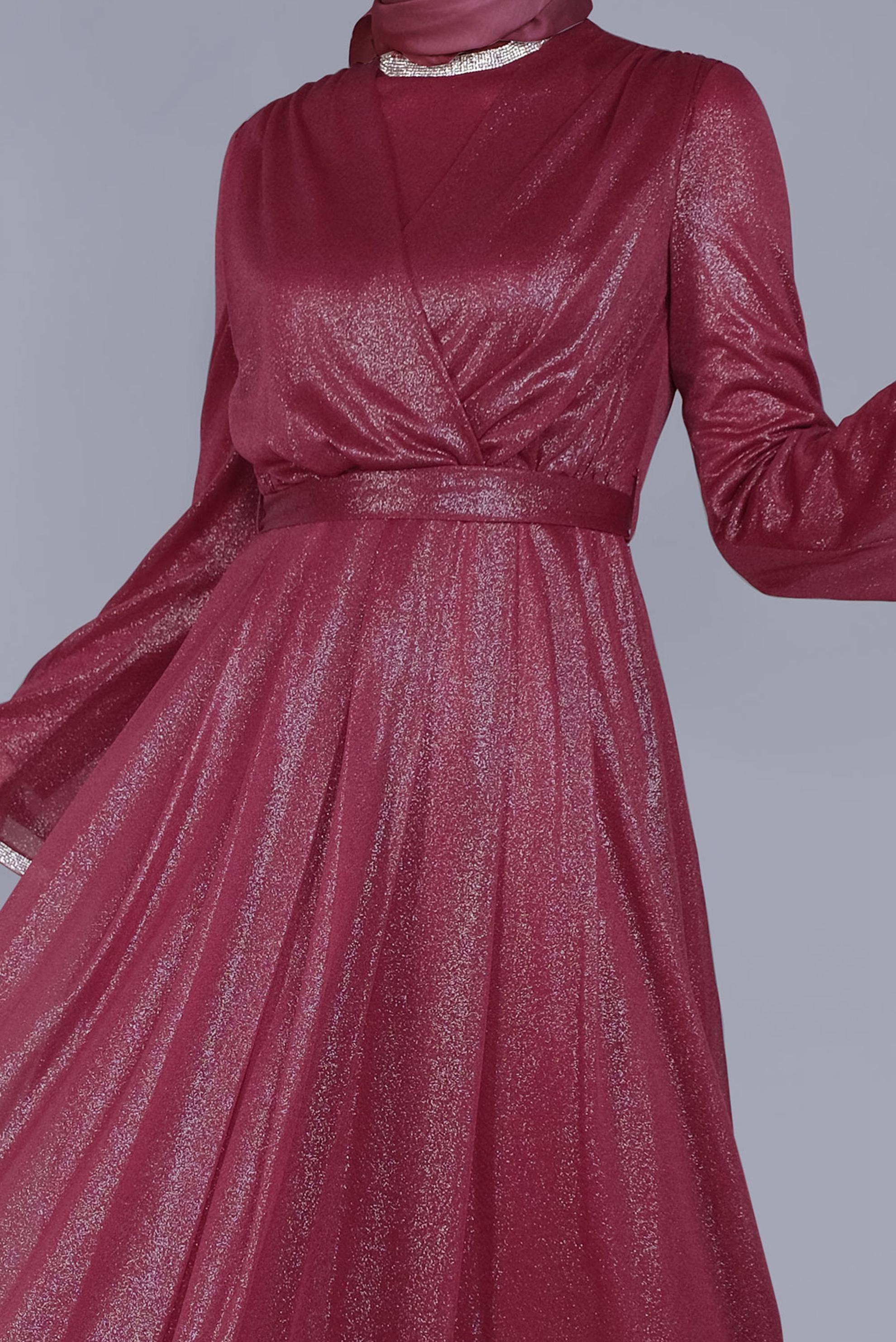 Tesettür giyim KIRMIZI KUŞAKLI TAŞ BASKILI FOİL ELBİSE 40771