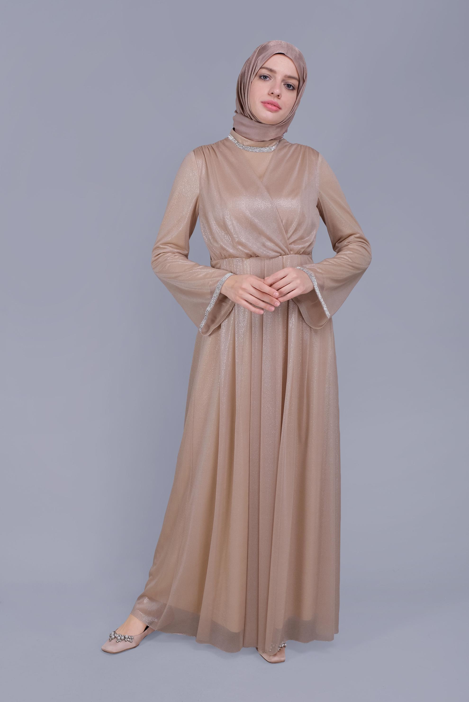 Tesettür giyim BEJ KUŞAKLI TAŞ BASKILI FOİL ELBİSE 40771