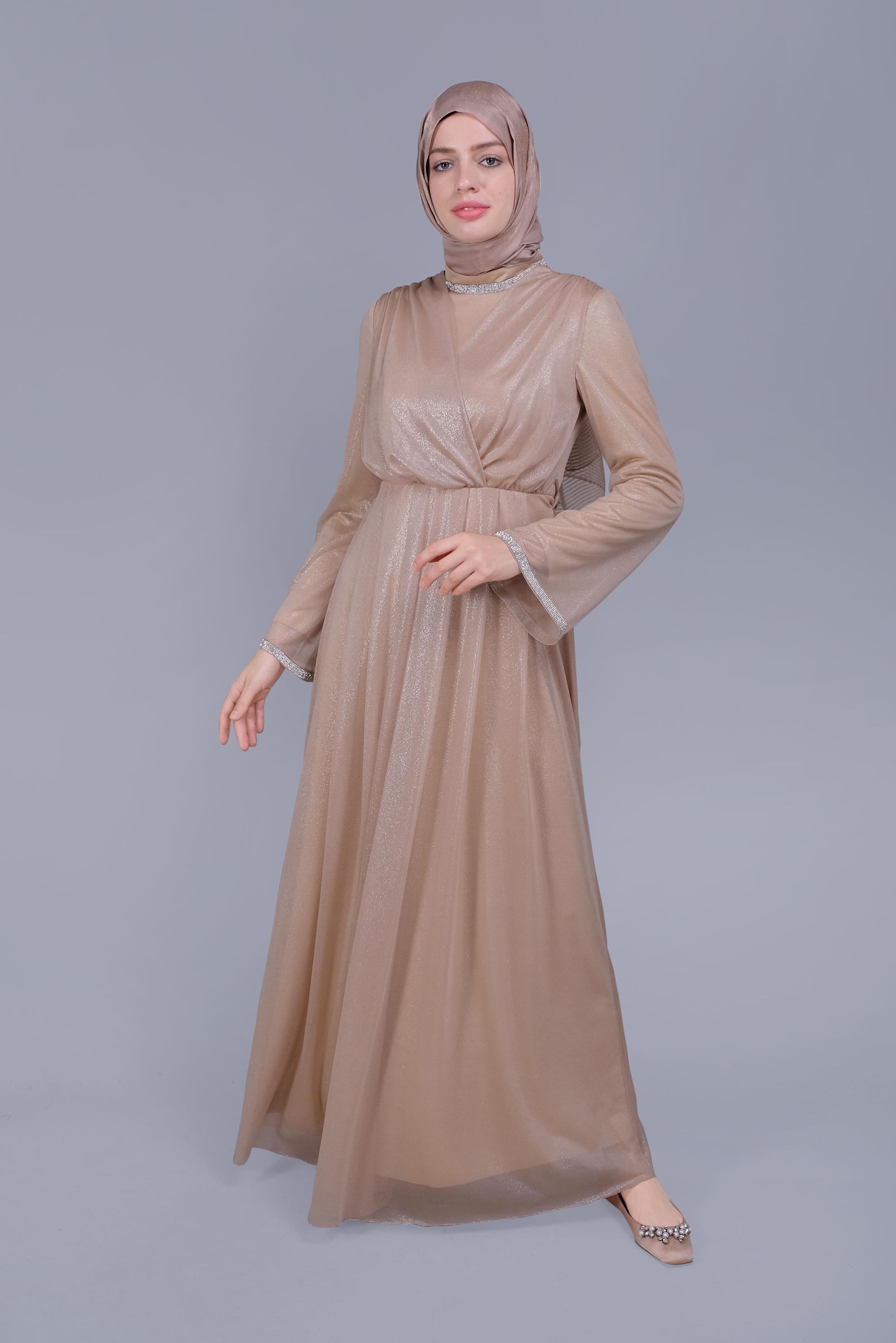 Tesettür giyim BEJ KUŞAKLI TAŞ BASKILI FOİL ELBİSE 40771
