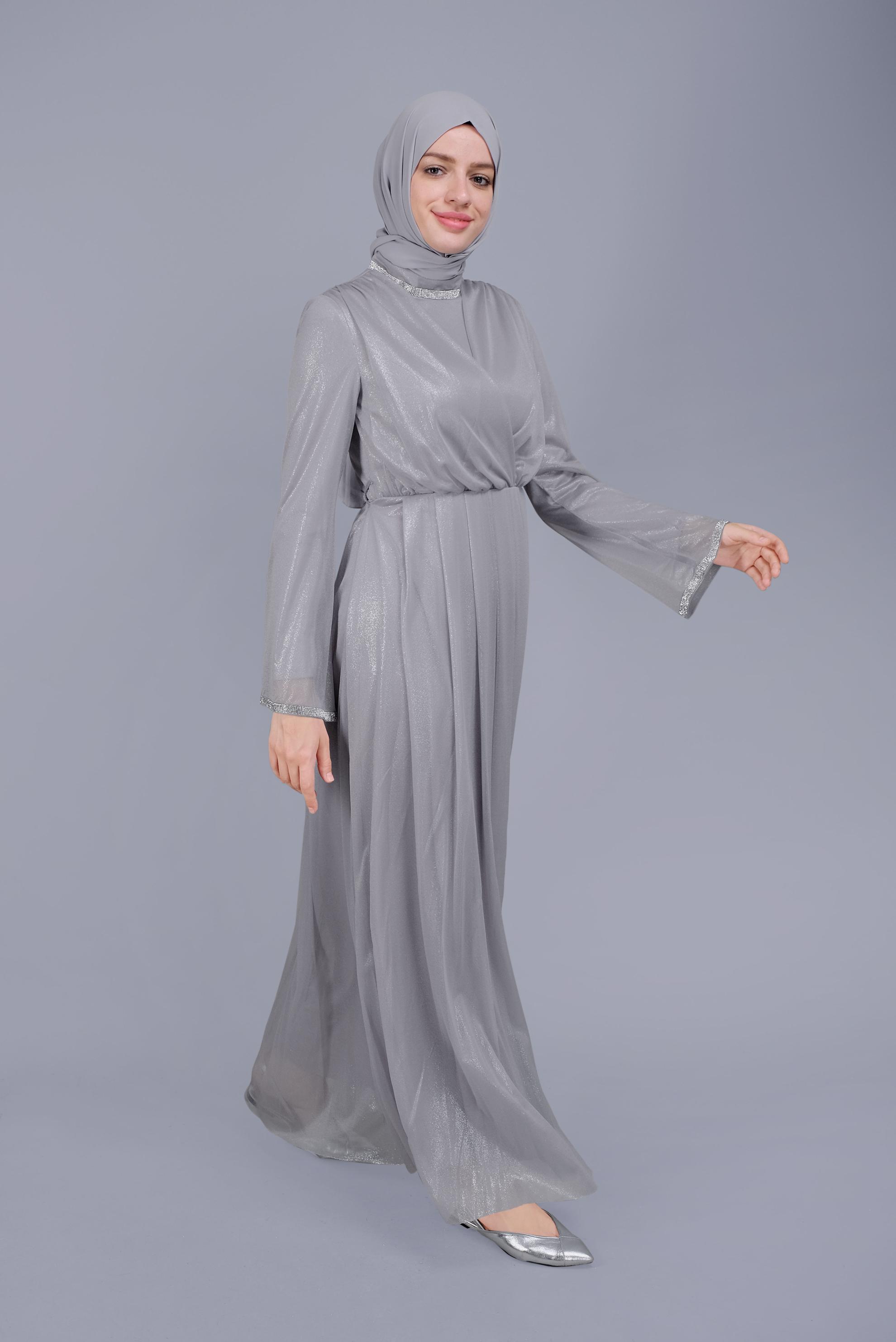 Tesettür giyim GRİ KUŞAKLI TAŞ BASKILI FOİL ELBİSE 40771