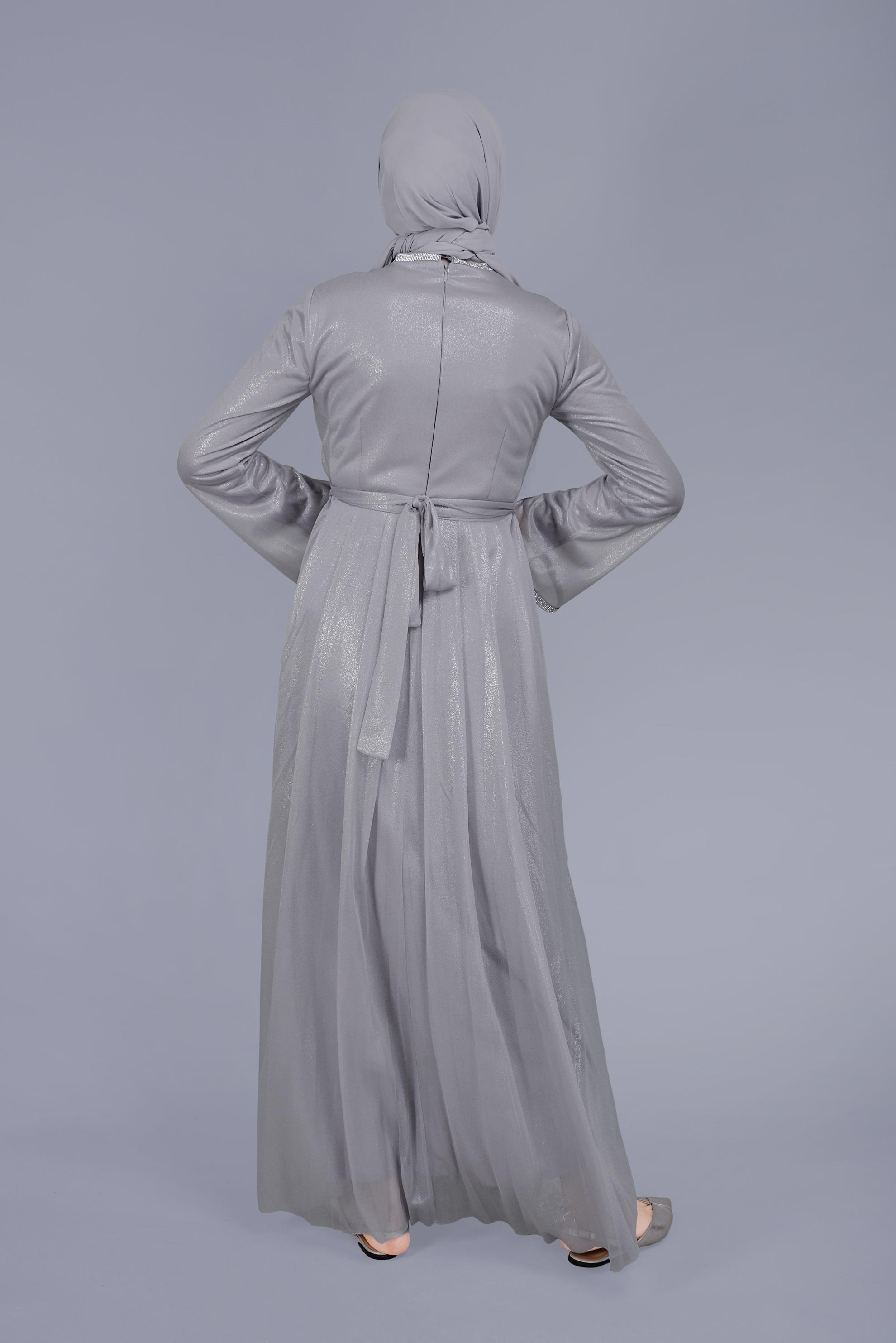 Tesettür giyim GRİ KUŞAKLI TAŞ BASKILI FOİL ELBİSE 40771