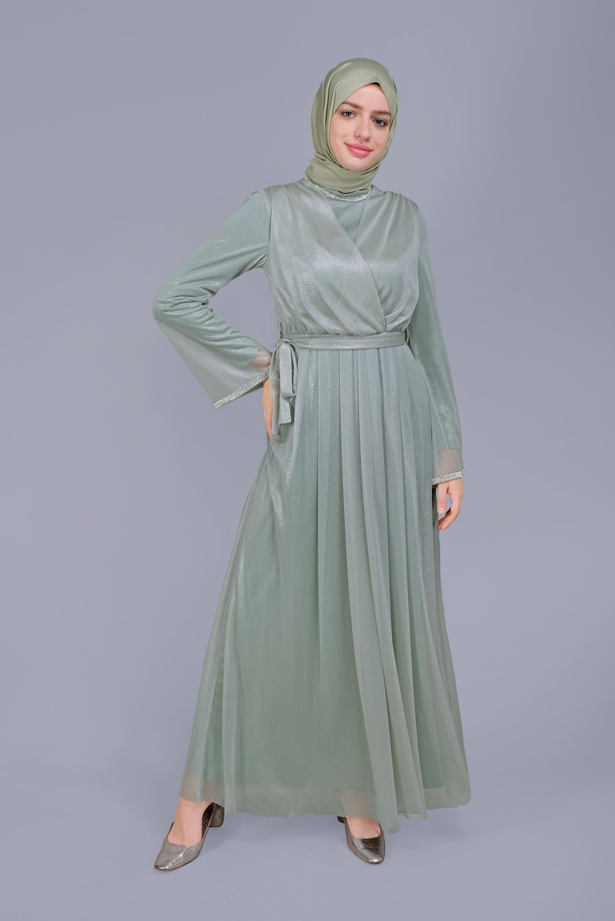 Tesettür giyim YEŞİL KUŞAKLI TAŞ BASKILI FOİL ELBİSE 40771