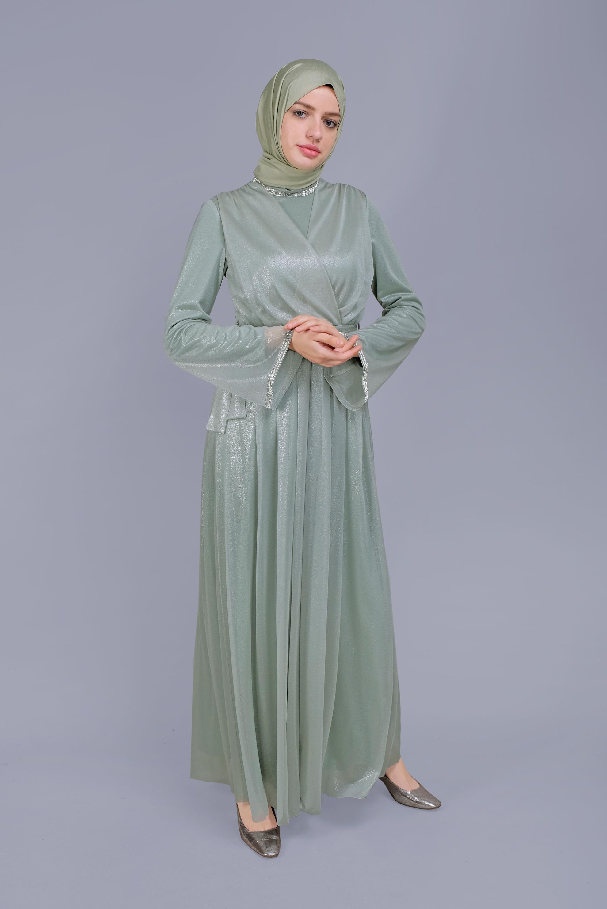 Tesettür giyim YEŞİL KUŞAKLI TAŞ BASKILI FOİL ELBİSE 40771
