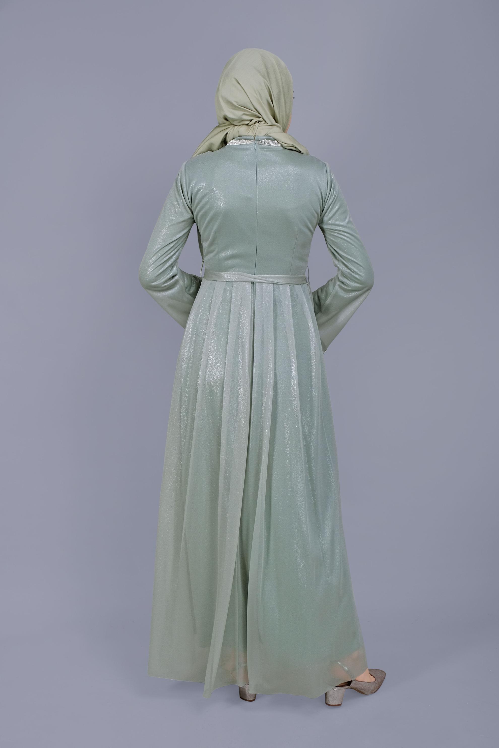 Tesettür giyim YEŞİL KUŞAKLI TAŞ BASKILI FOİL ELBİSE 40771