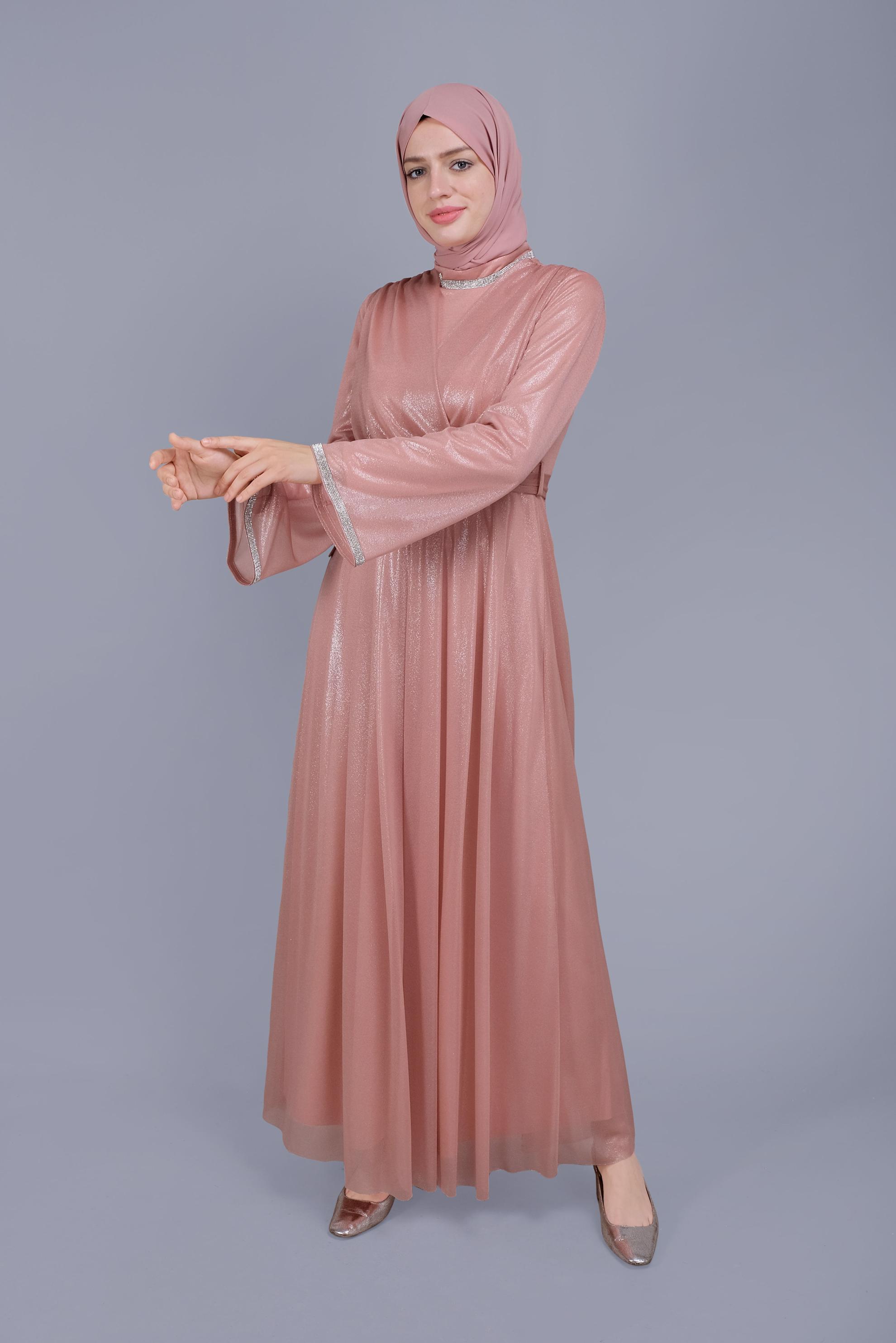 Tesettür giyim PUDRA KUŞAKLI TAŞ BASKILI FOİL ELBİSE 40771