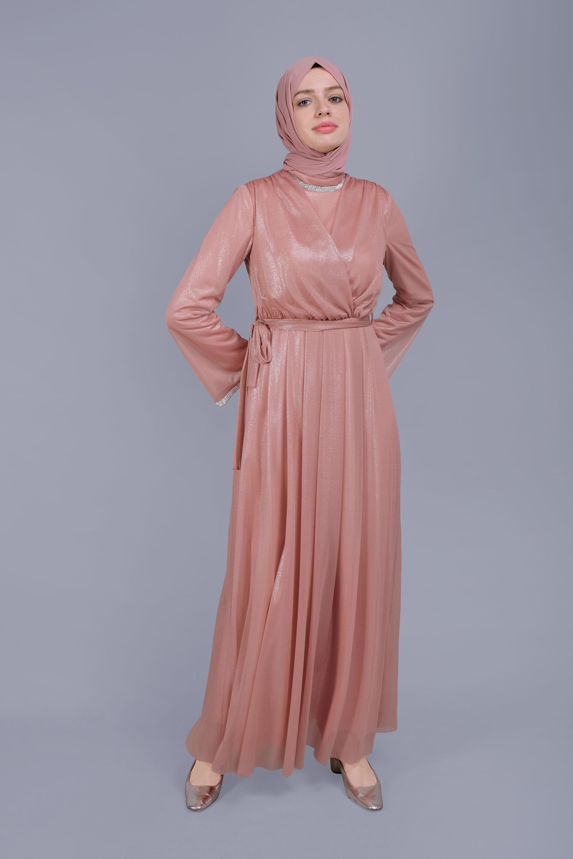 Tesettür giyim PUDRA KUŞAKLI TAŞ BASKILI FOİL ELBİSE 40771