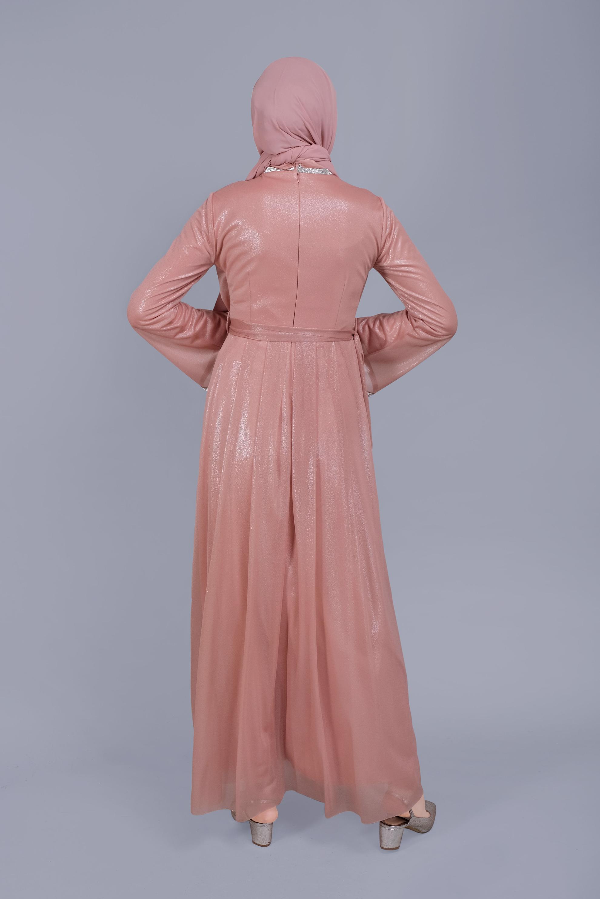 Tesettür giyim PUDRA KUŞAKLI TAŞ BASKILI FOİL ELBİSE 40771