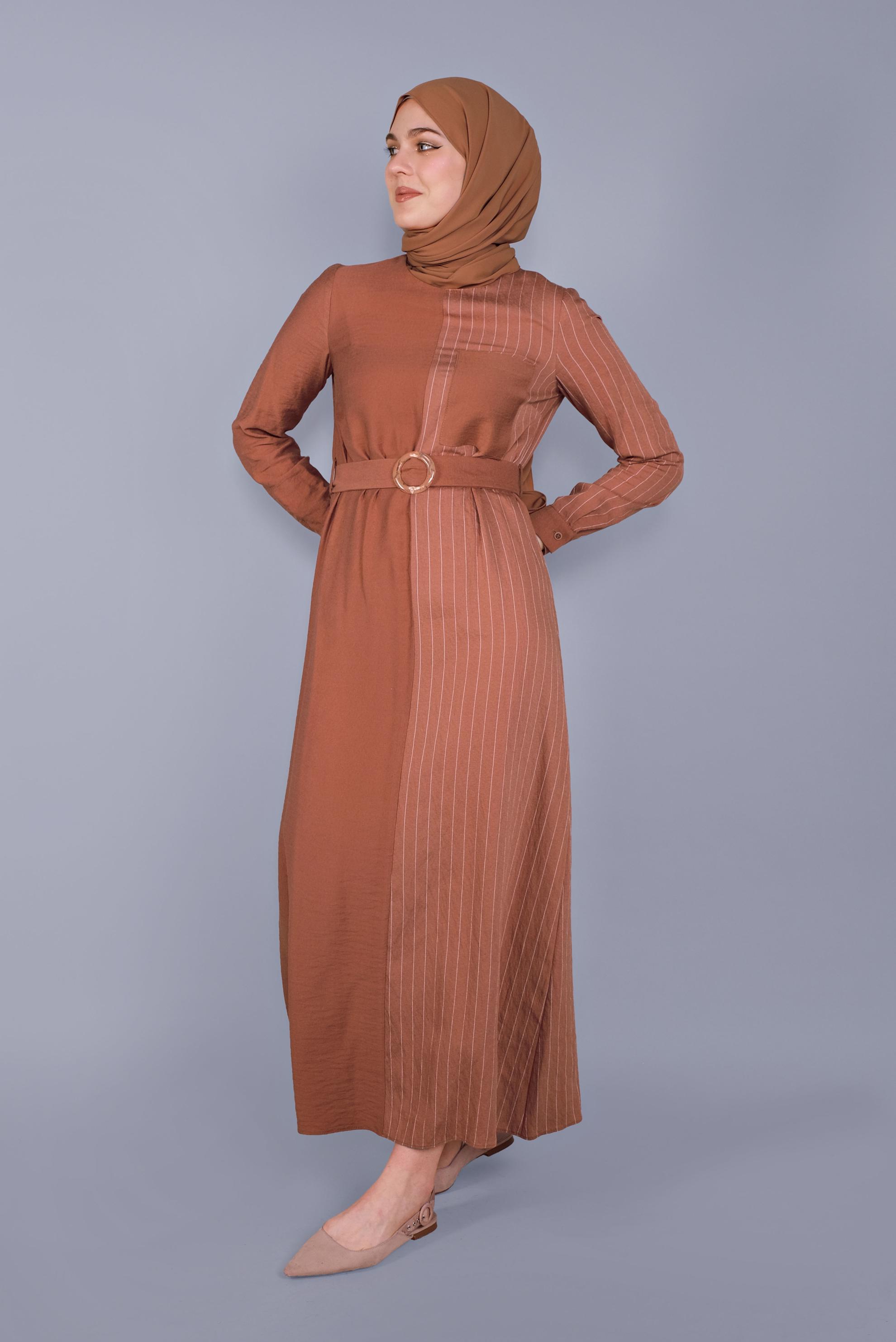 Tesettür giyim TURUNCU ÇİZGİLİ KEMERLİ KADIN TESETTÜR ELBİSE 40791 