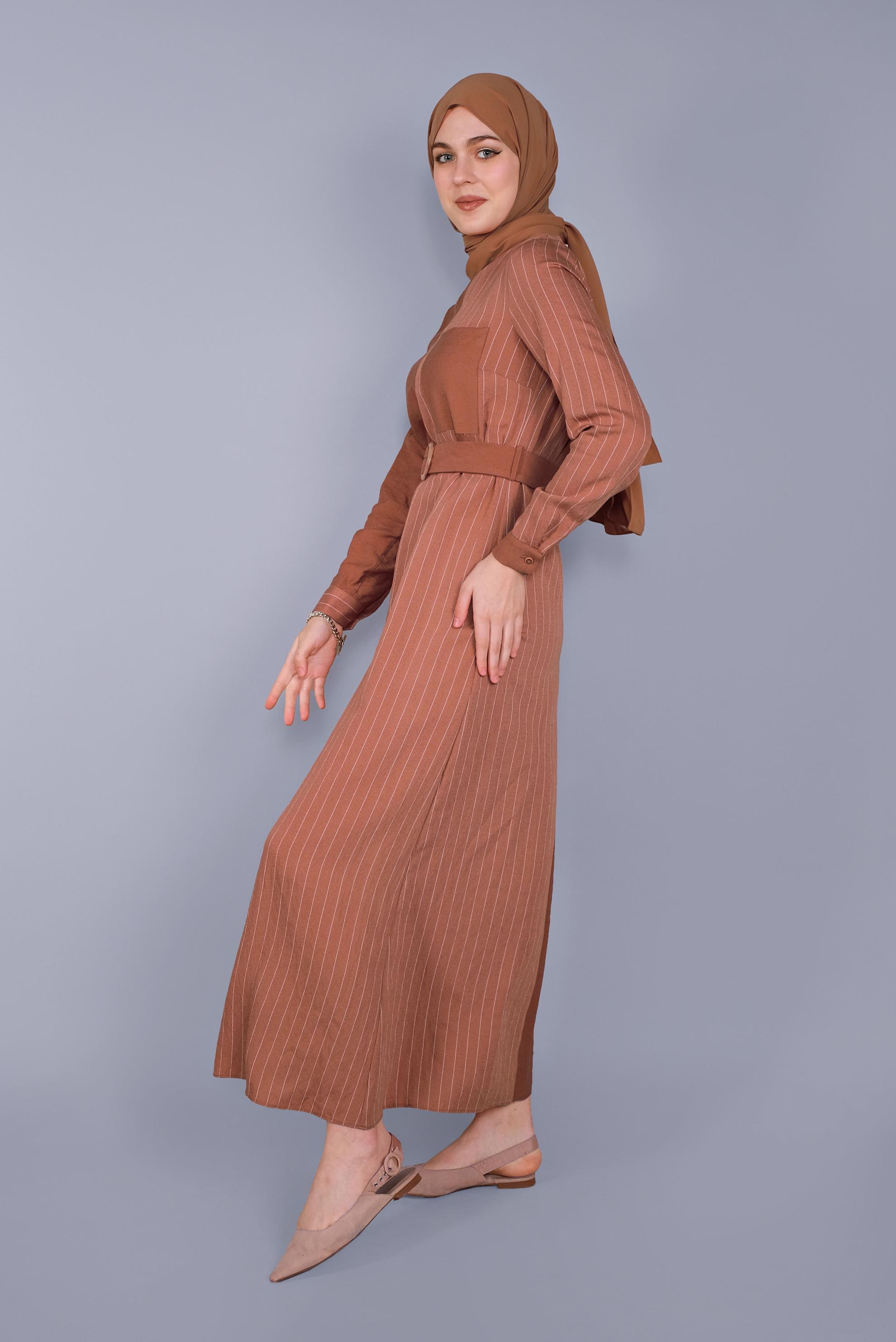 Tesettür giyim TURUNCU ÇİZGİLİ KEMERLİ KADIN TESETTÜR ELBİSE 40791 
