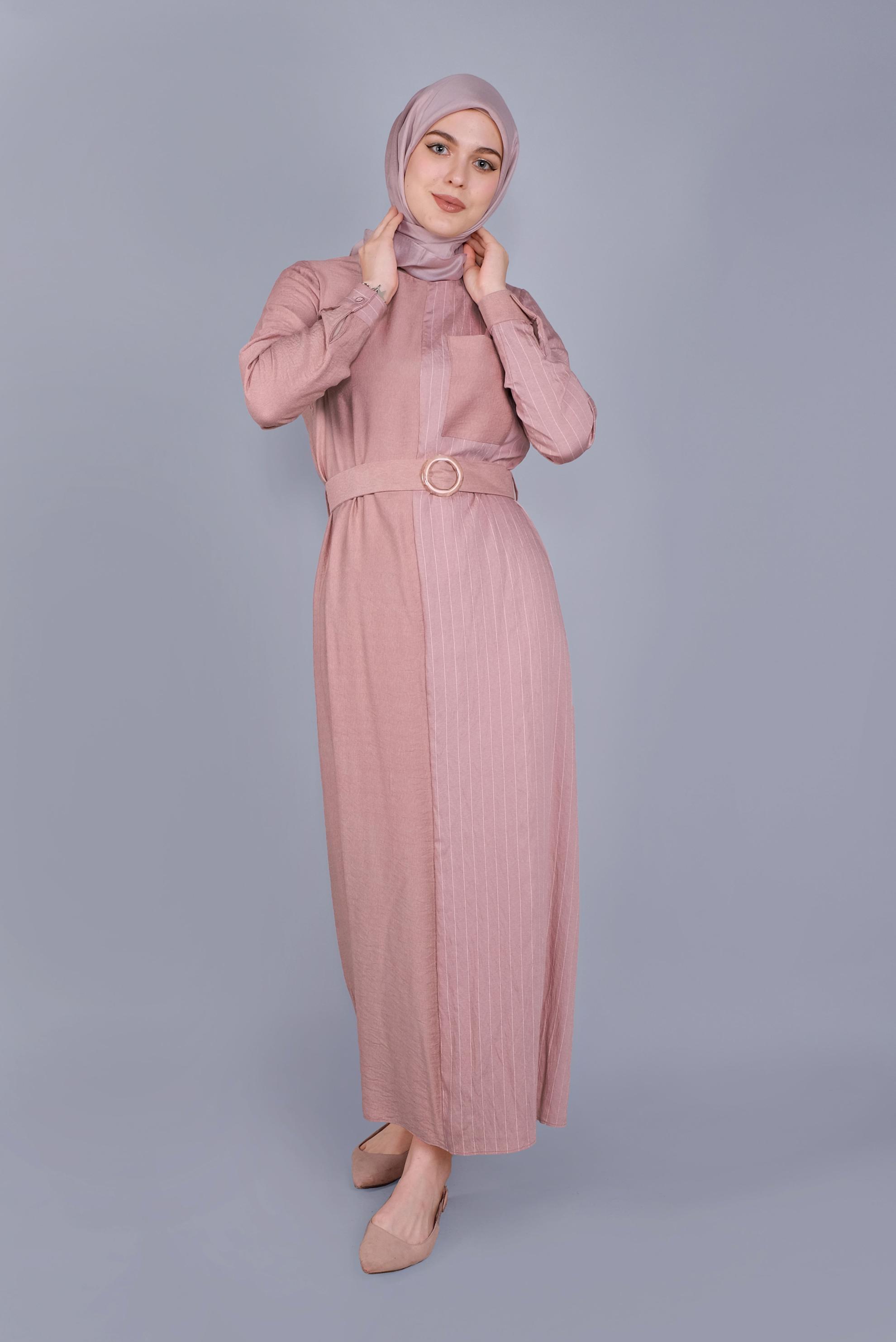 Tesettür giyim PUDRA ÇİZGİLİ KEMERLİ KADIN TESETTÜR ELBİSE 40791 