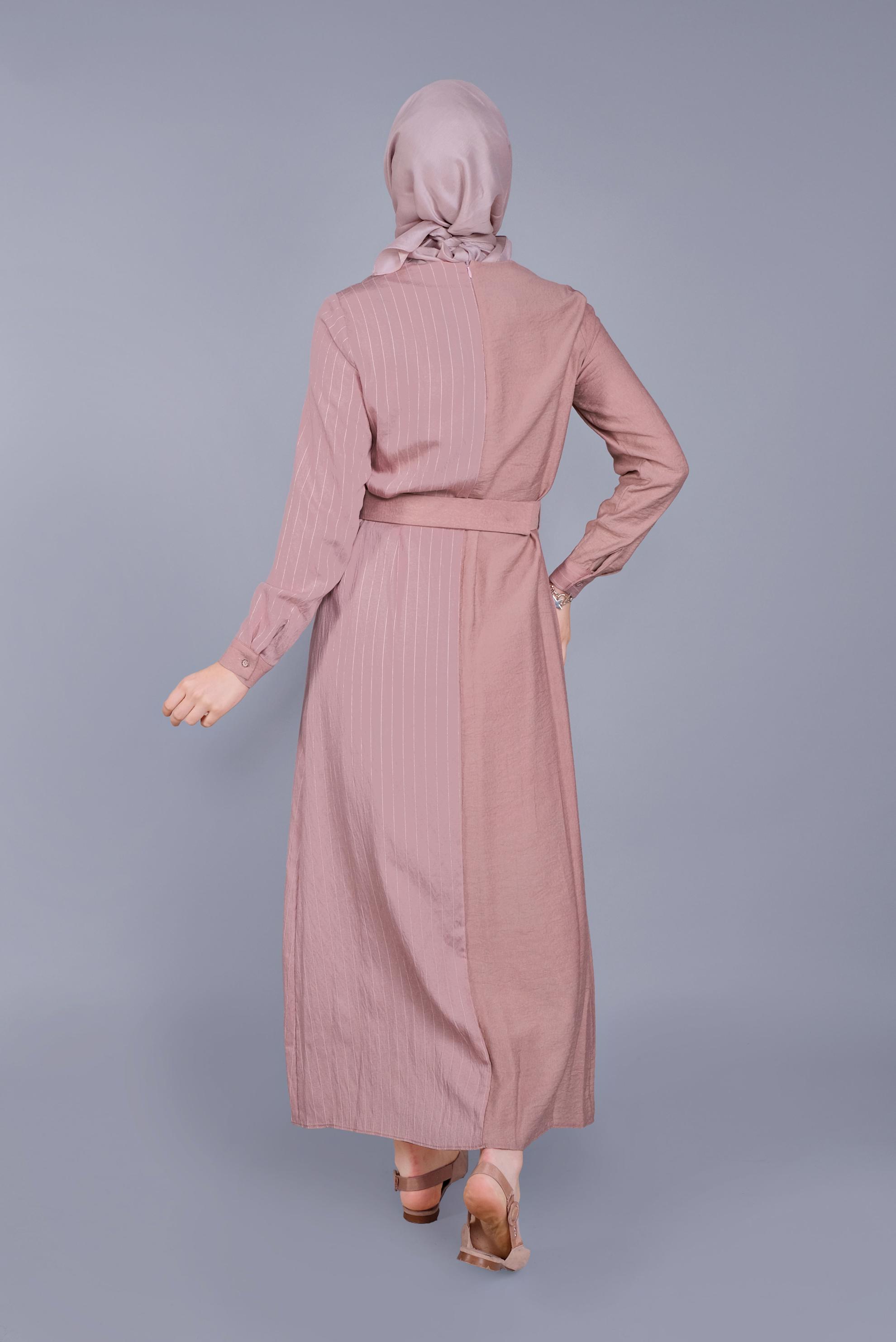 Tesettür giyim PUDRA ÇİZGİLİ KEMERLİ KADIN TESETTÜR ELBİSE 40791 