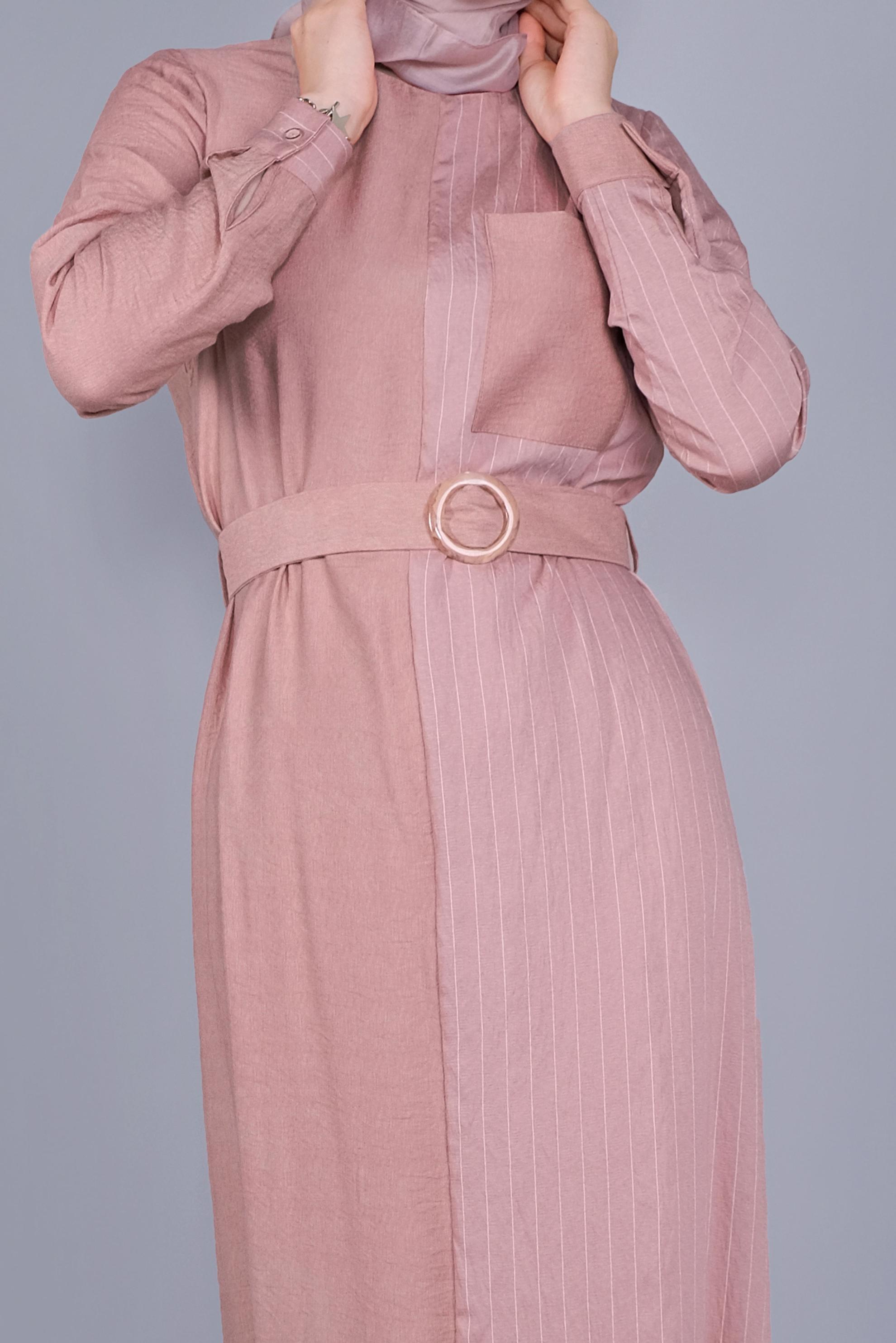 Tesettür giyim PUDRA ÇİZGİLİ KEMERLİ KADIN TESETTÜR ELBİSE 40791 