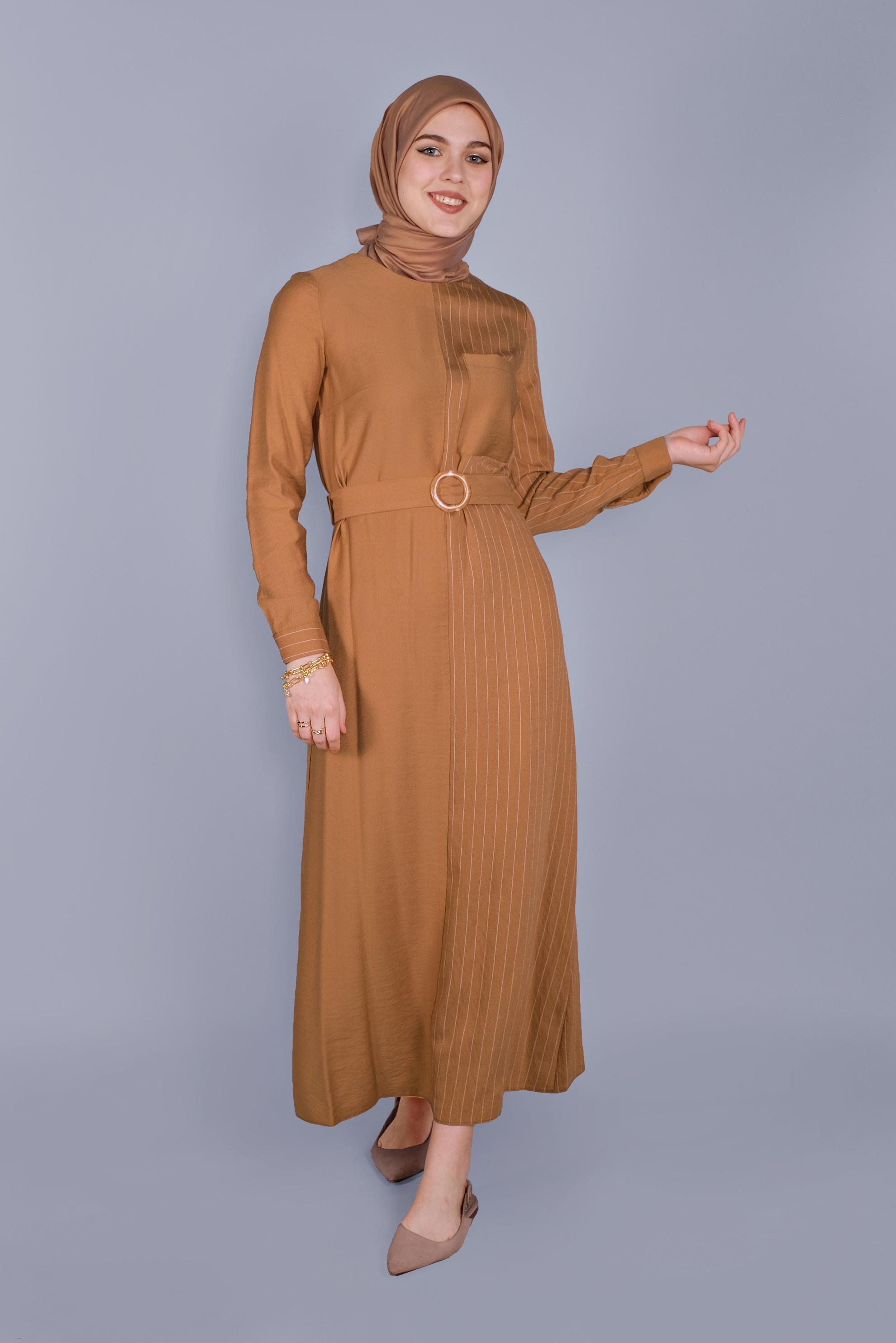 Tesettür giyim TABA ÇİZGİLİ KEMERLİ KADIN TESETTÜR ELBİSE 40791 