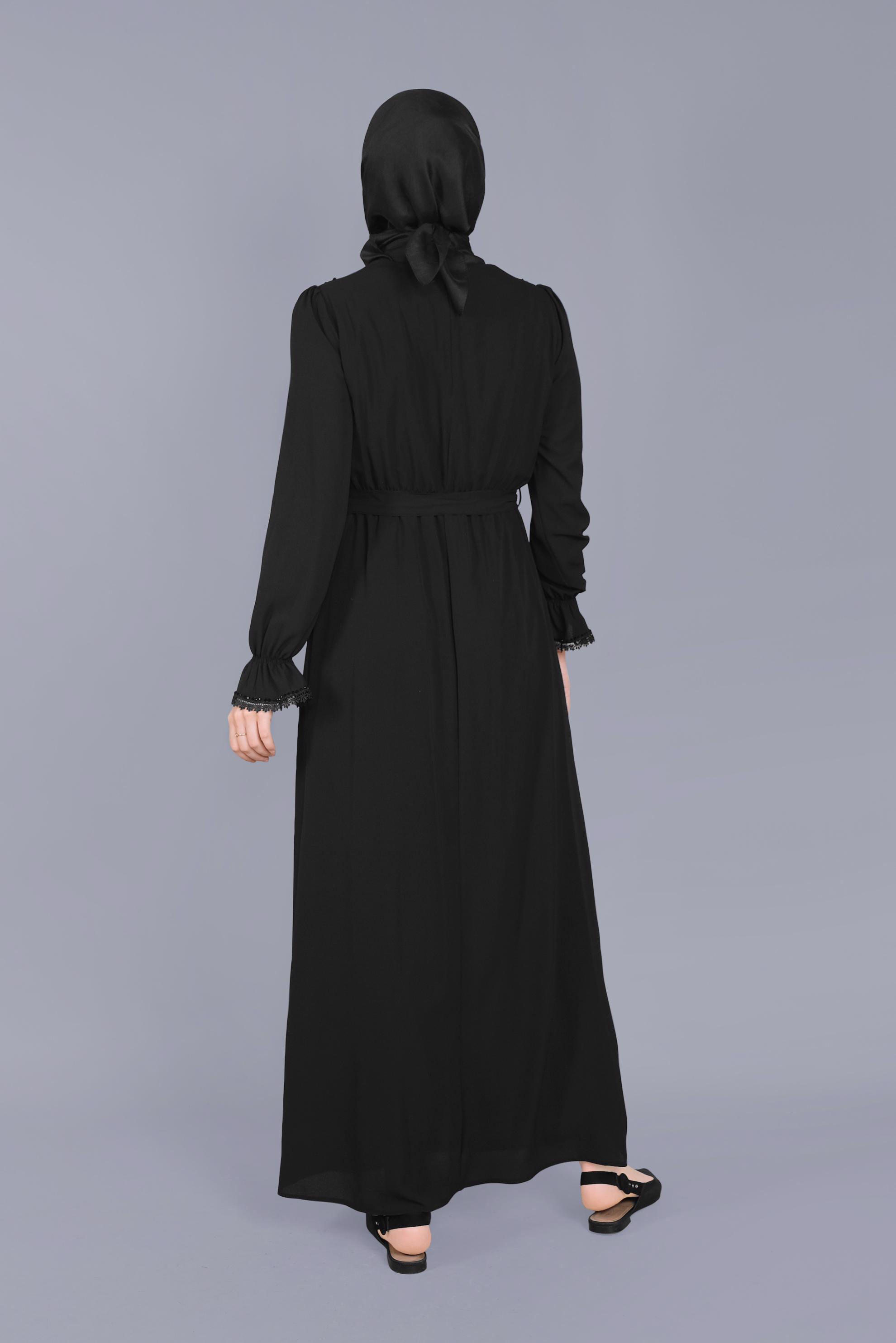 Tesettür giyim SİYAH BONCUKLU NAKIŞLI MANŞETLERİ LASTİKLİ ELBİSE 40800 