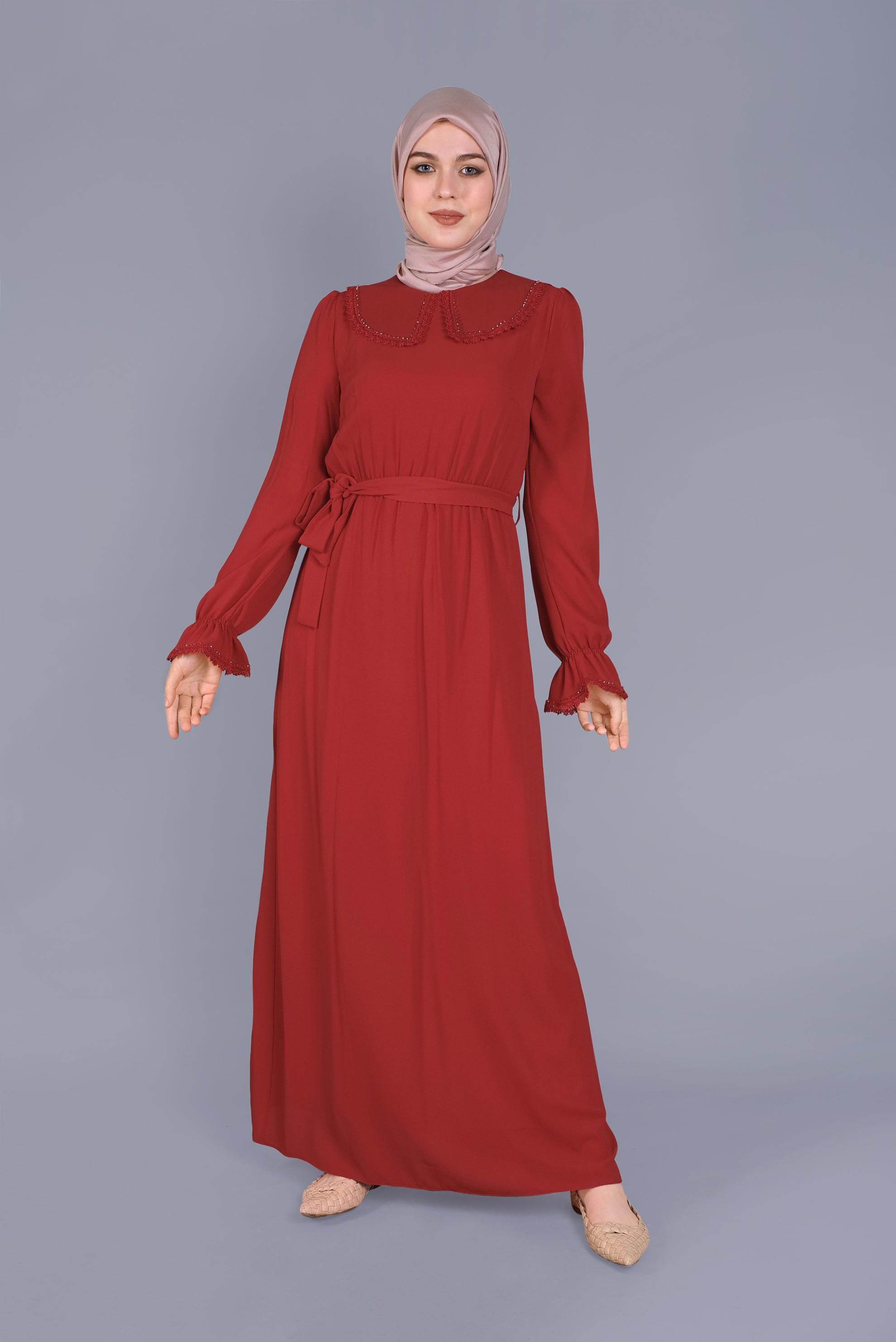 Tesettür giyim KIRMIZI BONCUKLU NAKIŞLI MANŞETLERİ LASTİKLİ ELBİSE 40800 