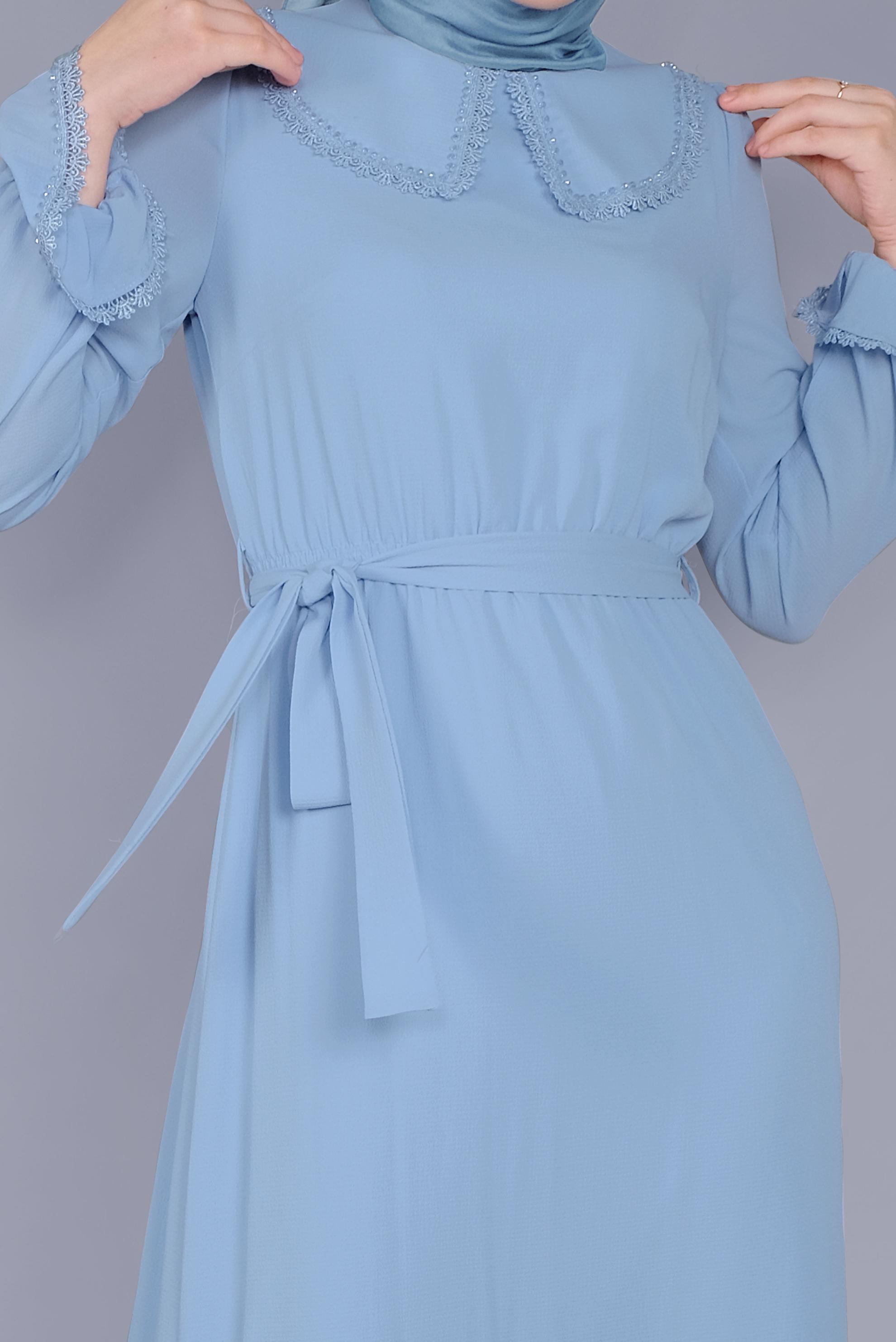 Tesettür giyim MAVİ BONCUKLU NAKIŞLI MANŞETLERİ LASTİKLİ ELBİSE 40800 