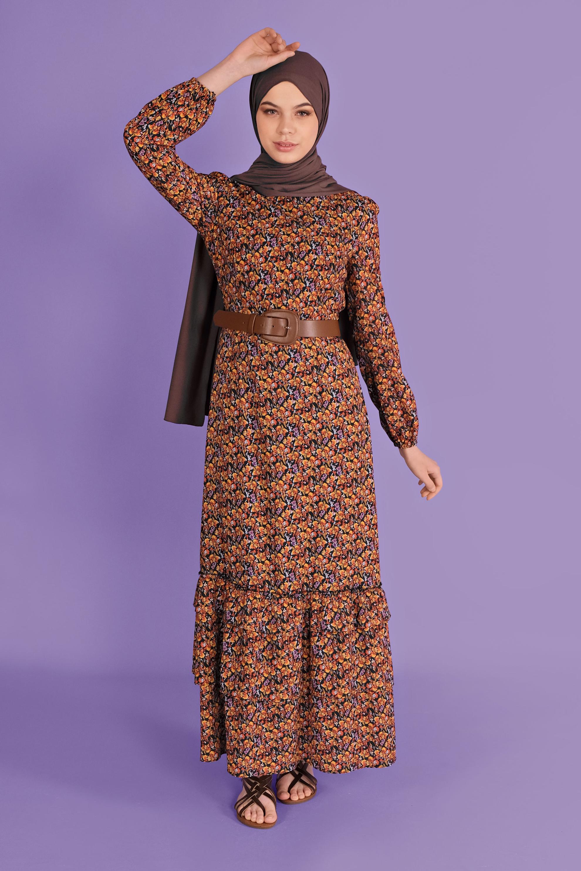 Tesettür giyim TURUNCU ÇİÇEKLİ ELBİSE 40813 