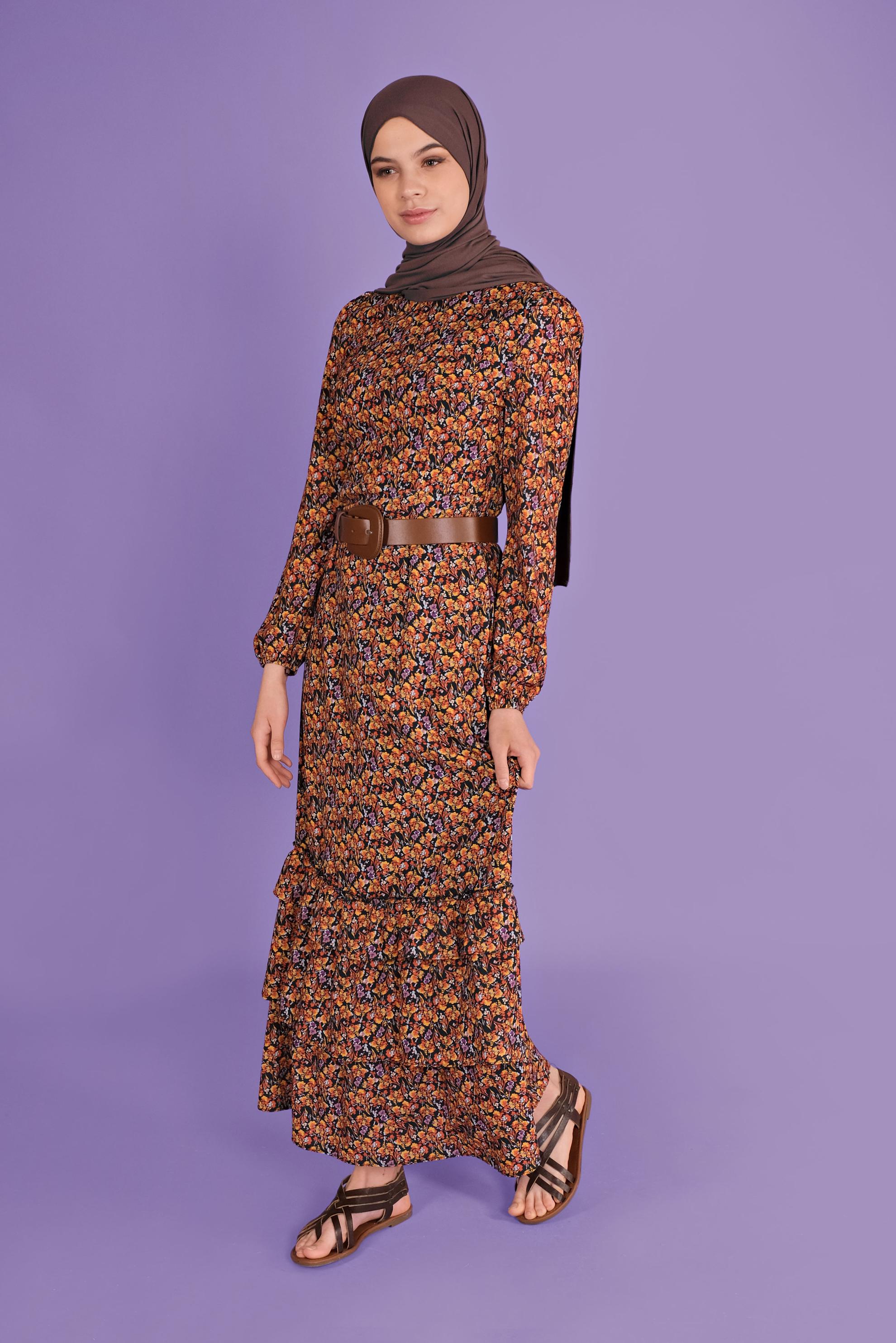 Tesettür giyim TURUNCU ÇİÇEKLİ ELBİSE 40813 