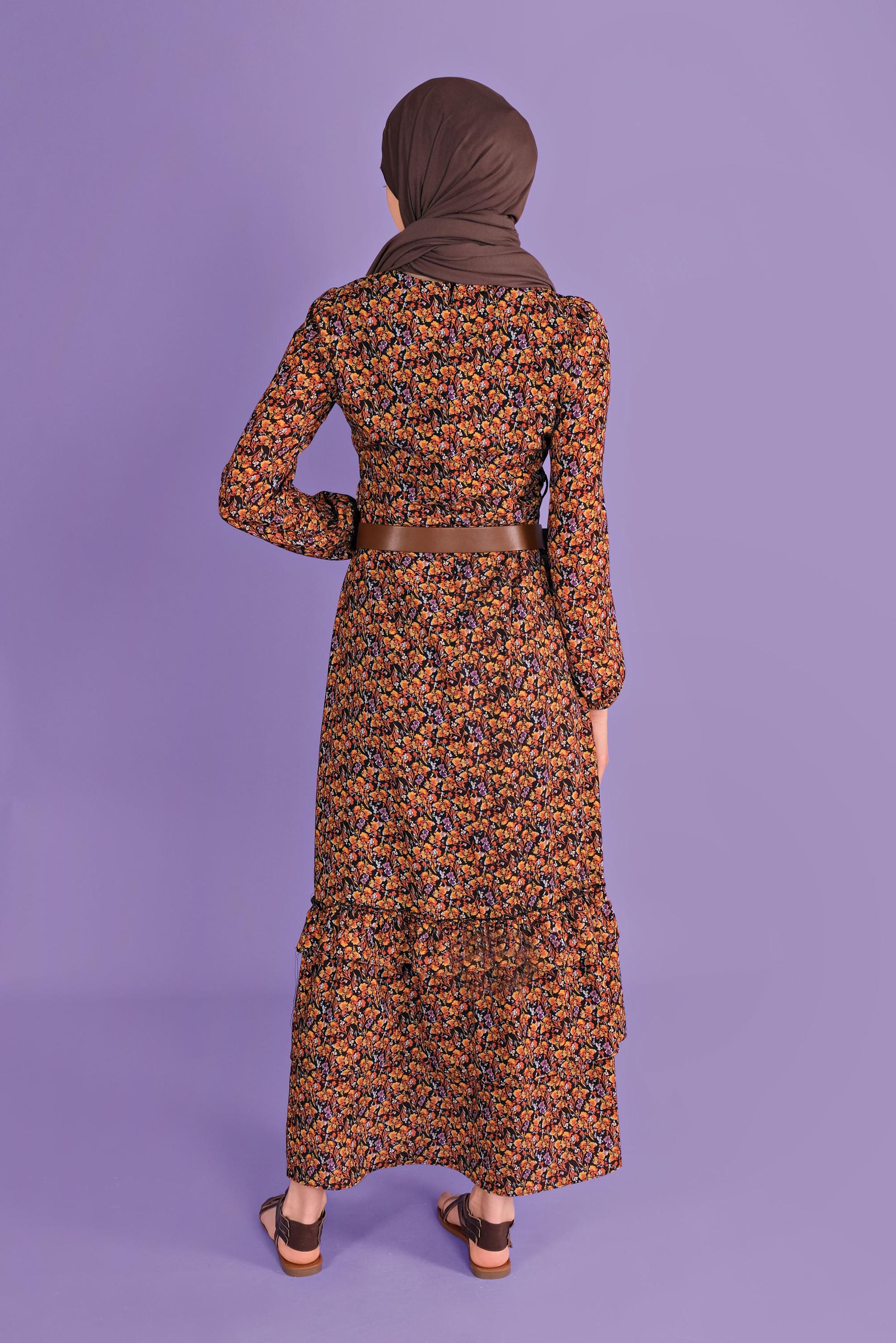 Tesettür giyim TURUNCU ÇİÇEKLİ ELBİSE 40813 