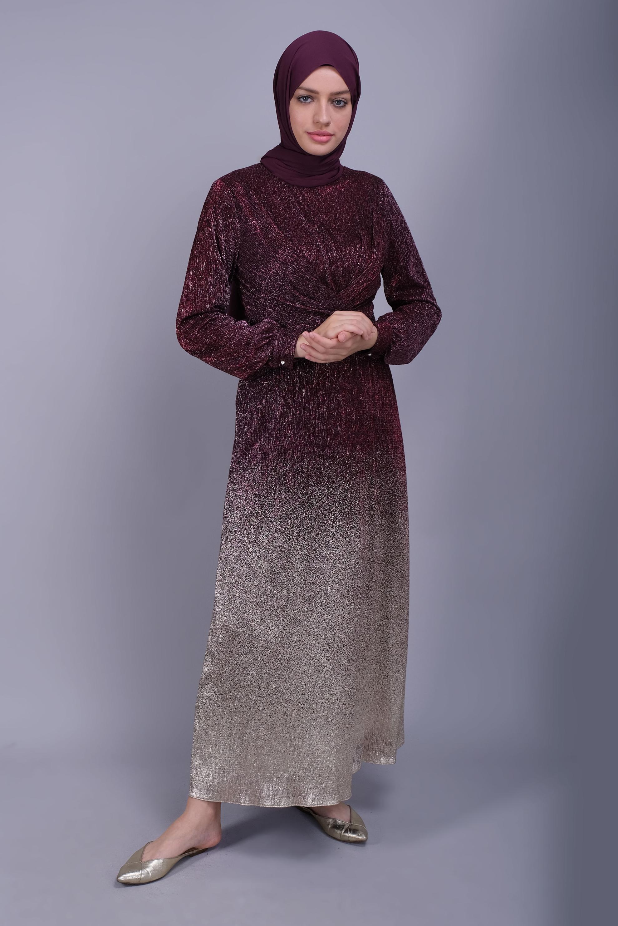 Tesettür giyim BORDO FOİL BASKILI KUŞAKLI ELBİSE  40830 