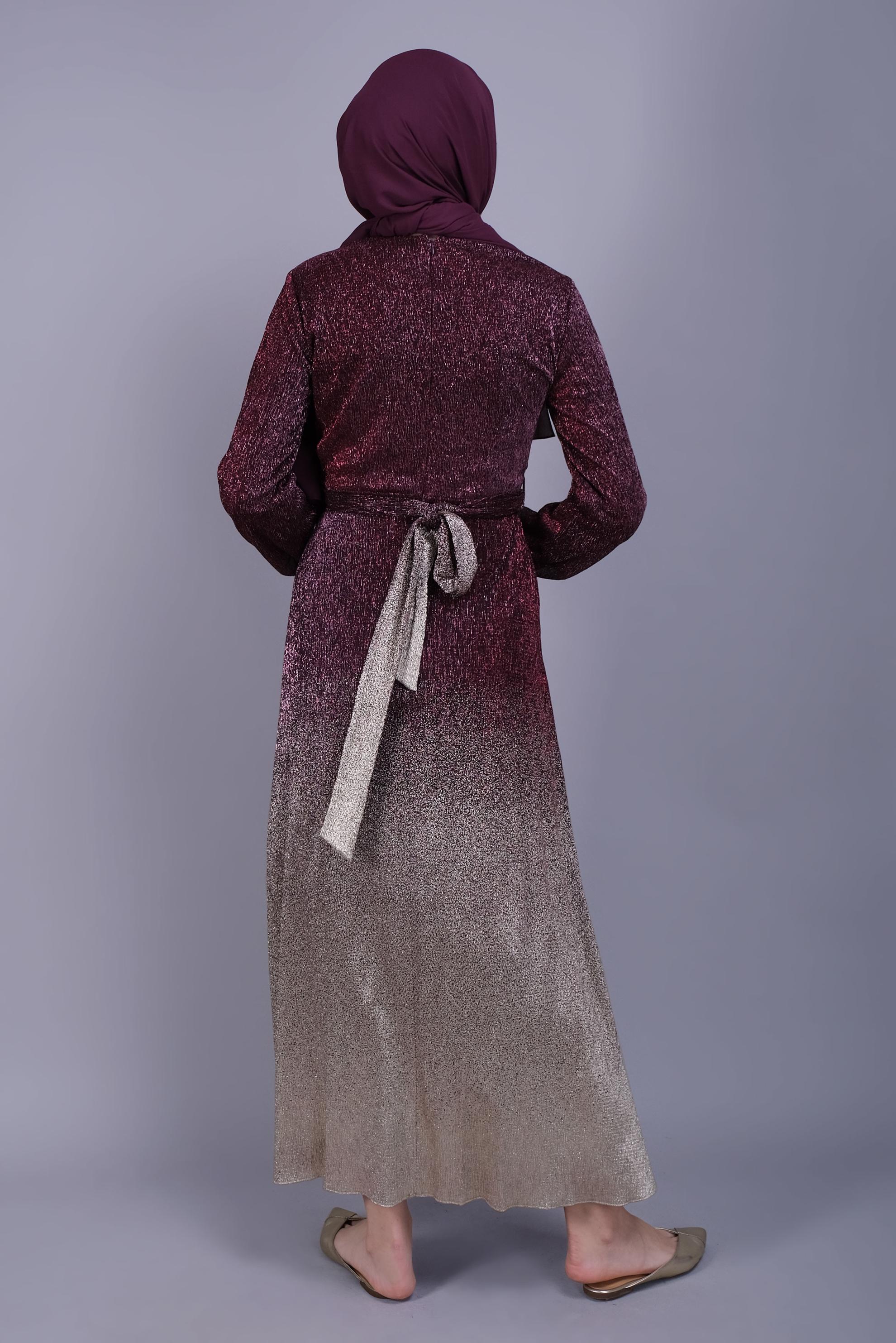 Tesettür giyim BORDO FOİL BASKILI KUŞAKLI ELBİSE  40830 