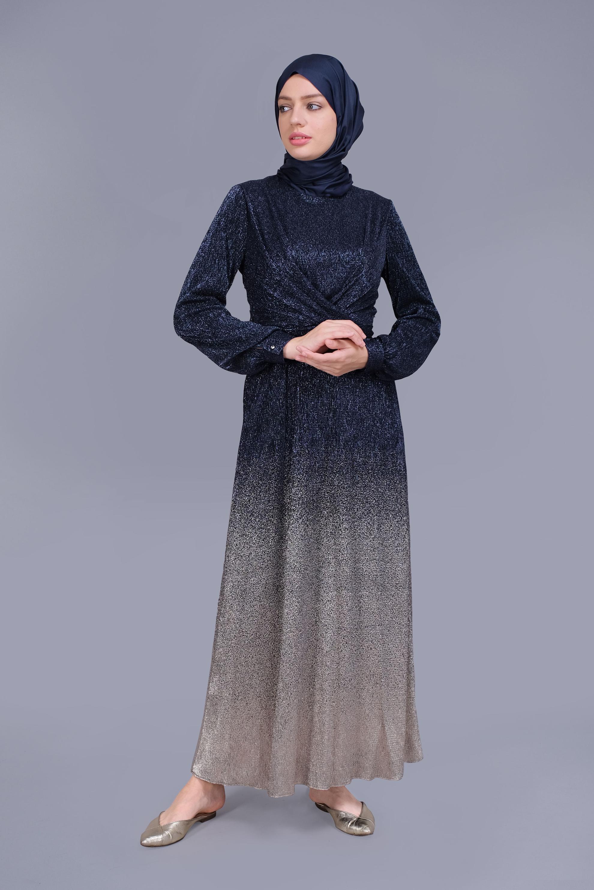 Tesettür giyim LACİVERT FOİL BASKILI KUŞAKLI ELBİSE  40830 