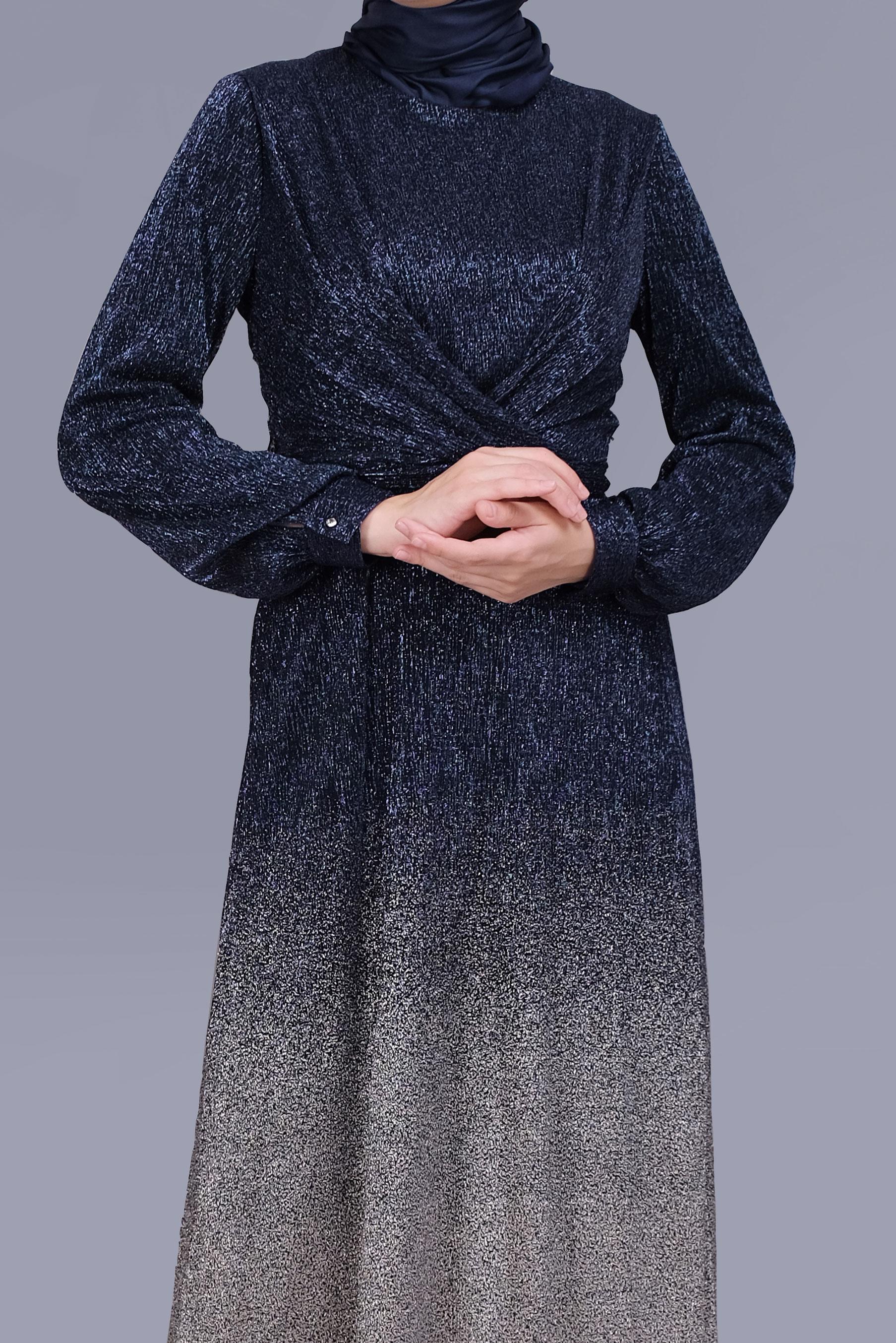 Tesettür giyim LACİVERT FOİL BASKILI KUŞAKLI ELBİSE  40830 