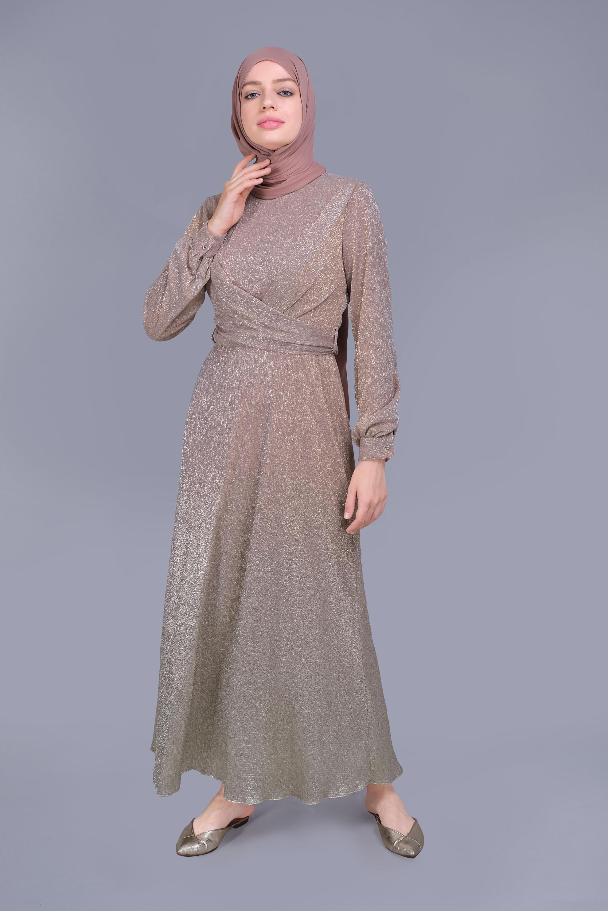 Tesettür giyim PUDRA FOİL BASKILI KUŞAKLI ELBİSE  40830 