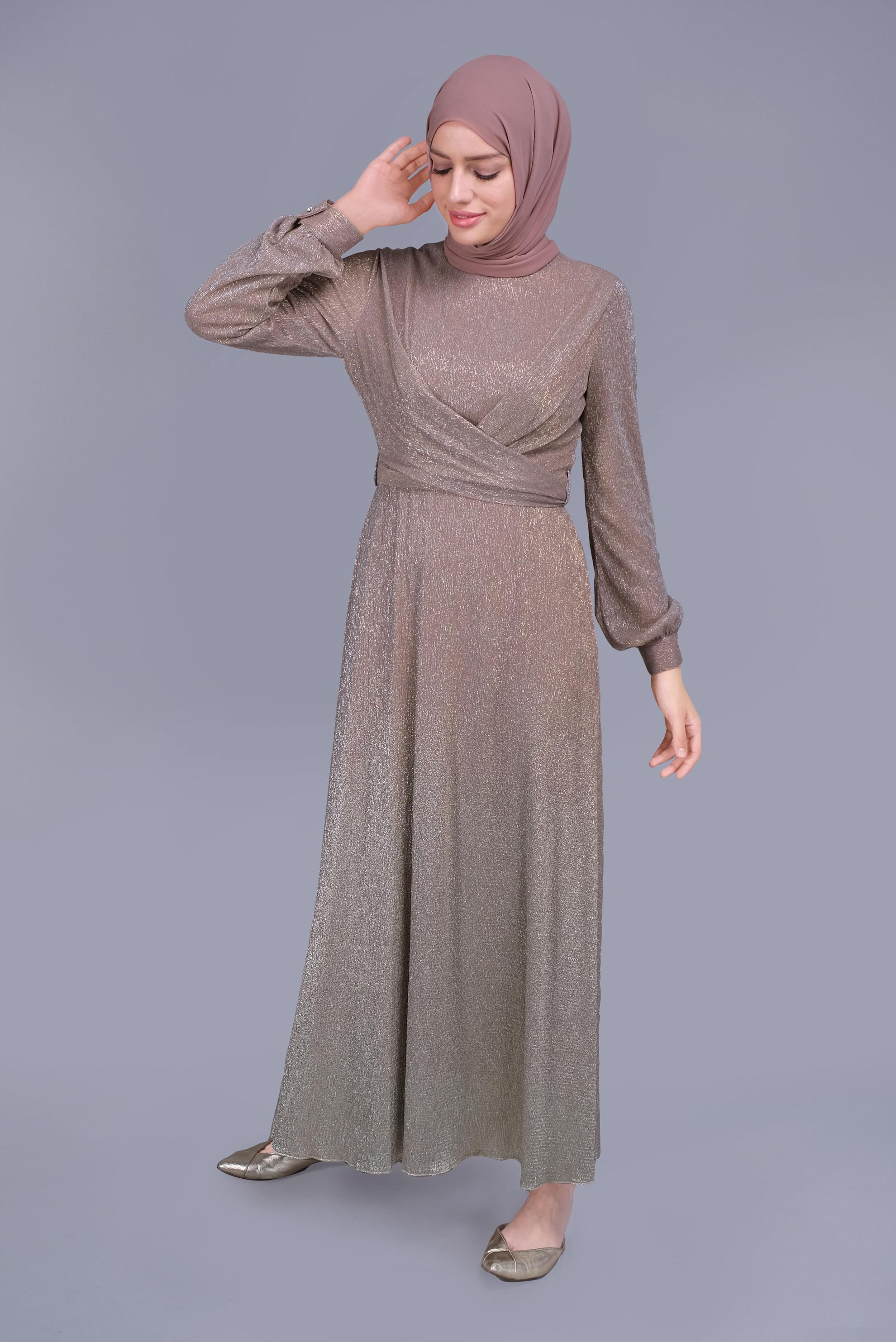 Tesettür giyim PUDRA FOİL BASKILI KUŞAKLI ELBİSE  40830 