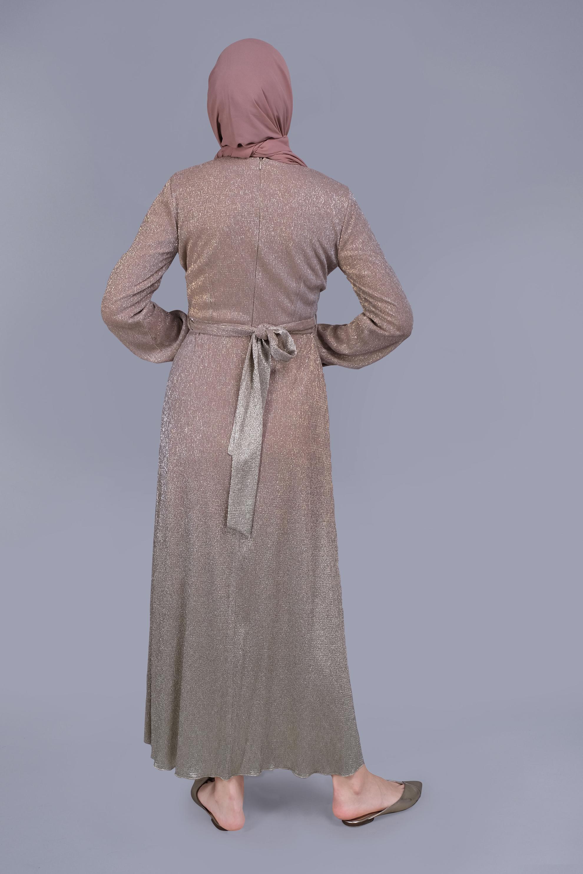 Tesettür giyim PUDRA FOİL BASKILI KUŞAKLI ELBİSE  40830 
