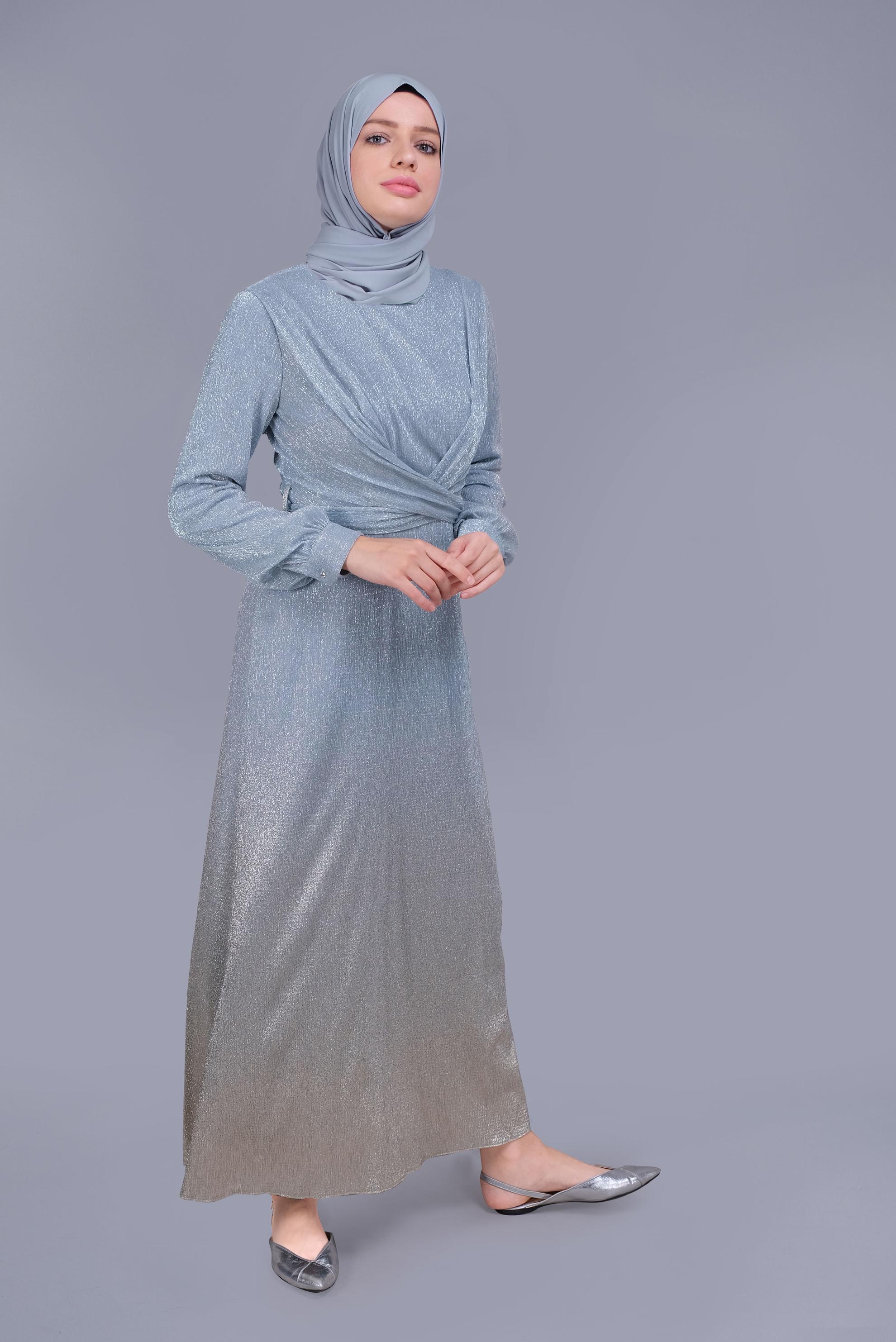 Tesettür giyim MAVİ FOİL BASKILI KUŞAKLI ELBİSE  40830 