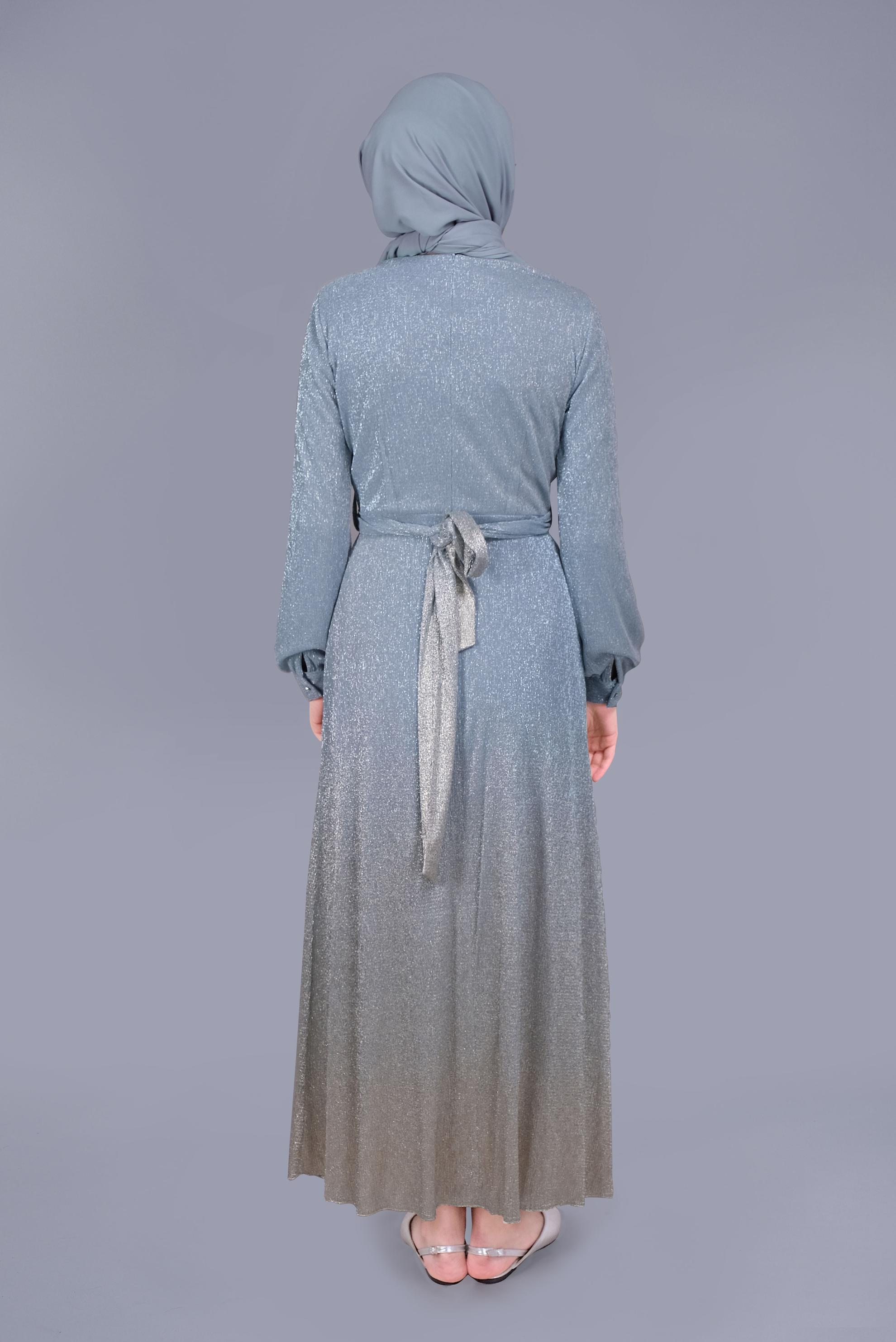 Tesettür giyim MAVİ FOİL BASKILI KUŞAKLI ELBİSE  40830 